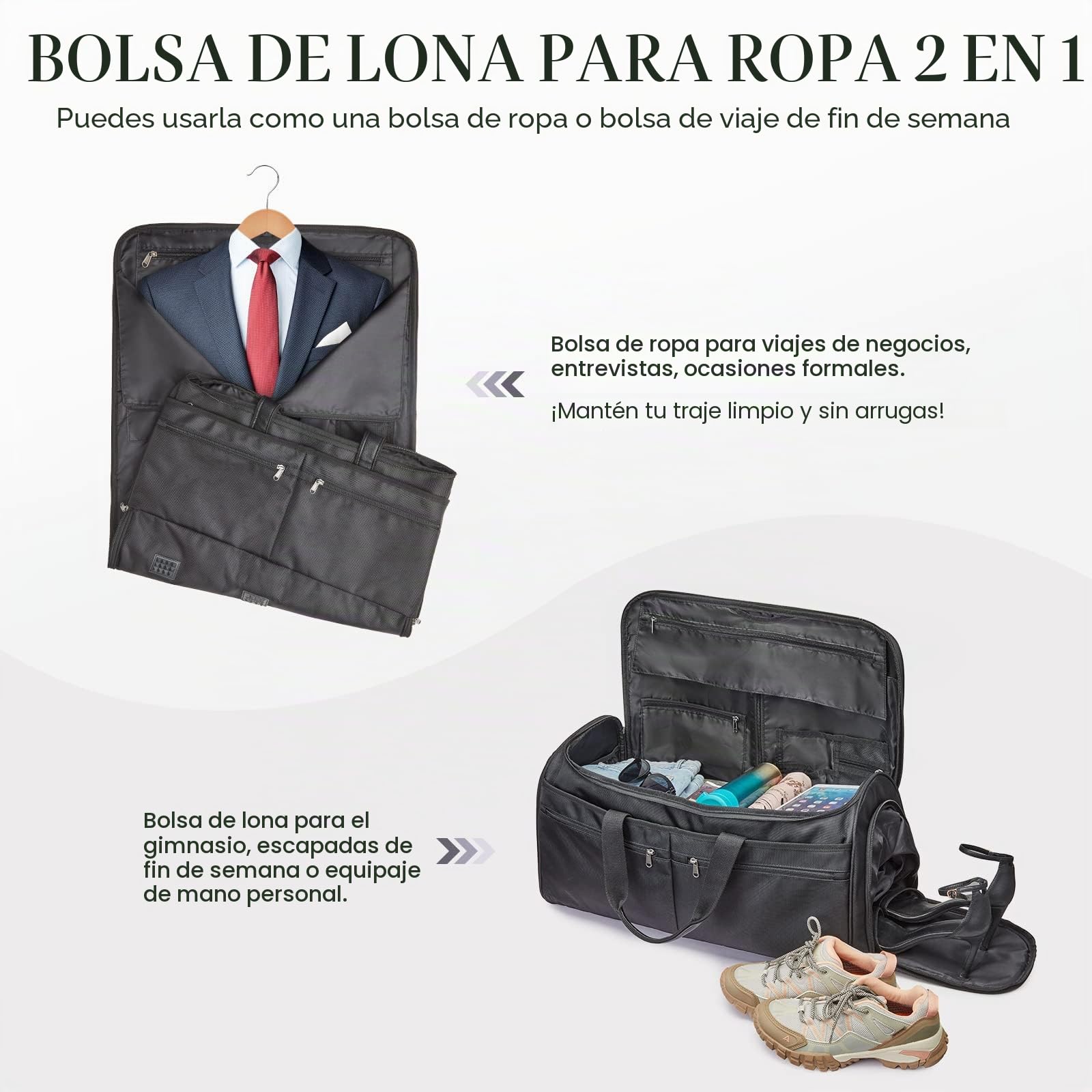 S-Zone Bolsa de Viaje Convertible de 50 litros, Bolsa de Viaje para Hombres y Mujeres, 2 en 1, Maleta Colgante para Traje de Negocios