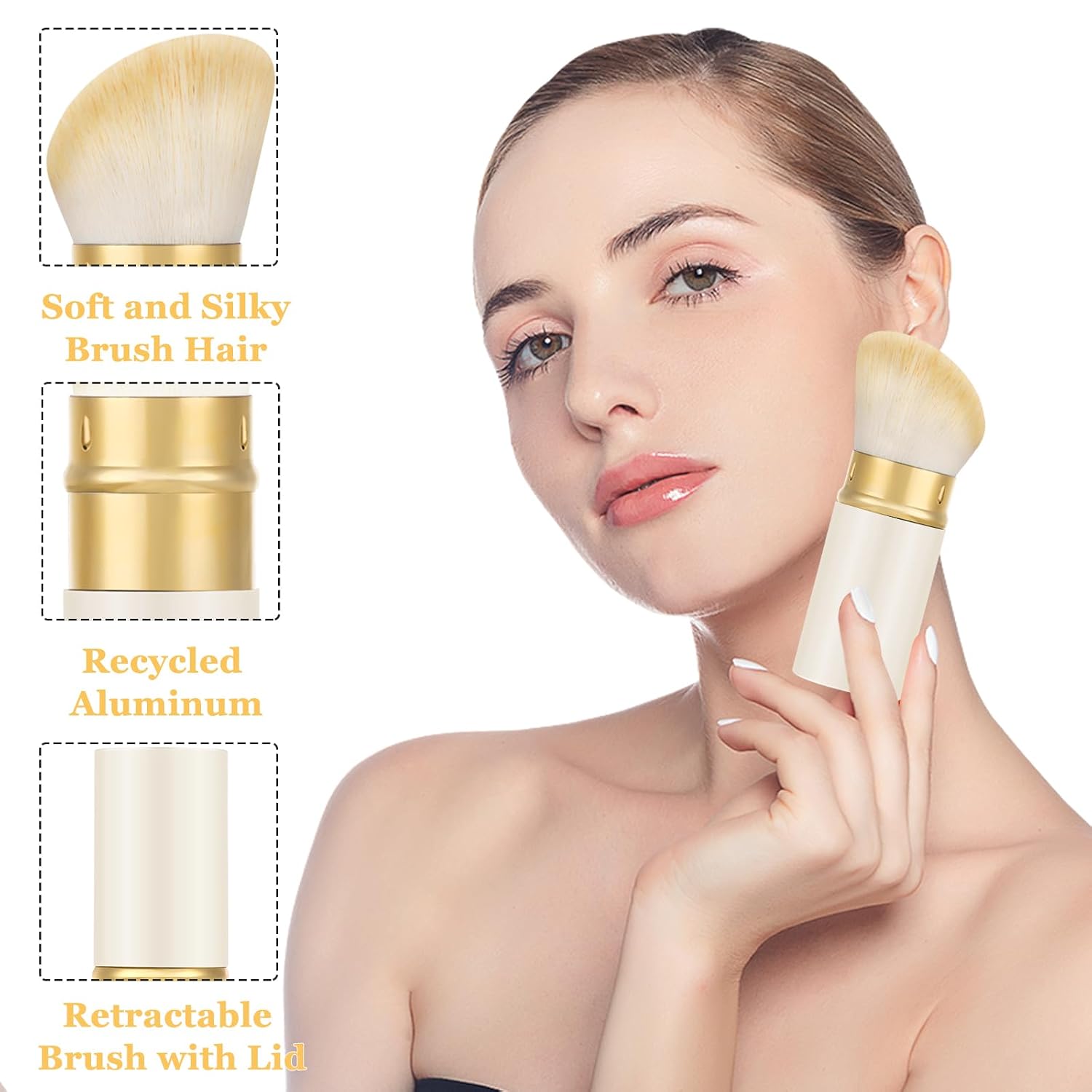 Retractable Kabuki Makeup Brush, Angled Powder Foundation Brush | Portable Flawless Makeup Brush for Foundation, Blush, Bronzer, Buffing, Cruelty Free with Cover, Aluminum Handle