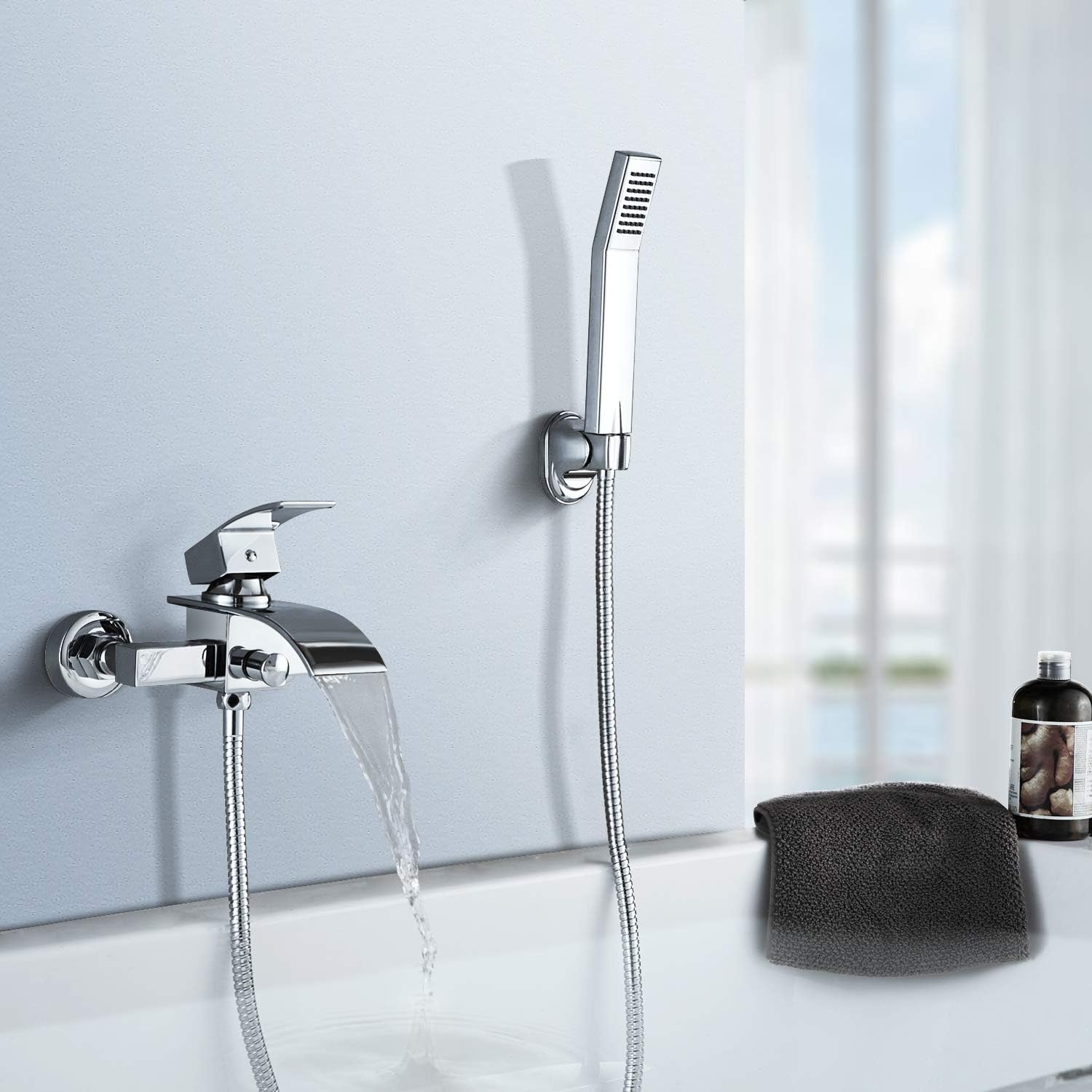 BONADE Waterfall Bath Filler Mixer Tap, Wall Mounted Bath/Shower/Tub Mixer Tap Faucets for Bathroom/Bathtub with Handheld Shower,1.5 m Shower Hose and ABS Holder, Chrome