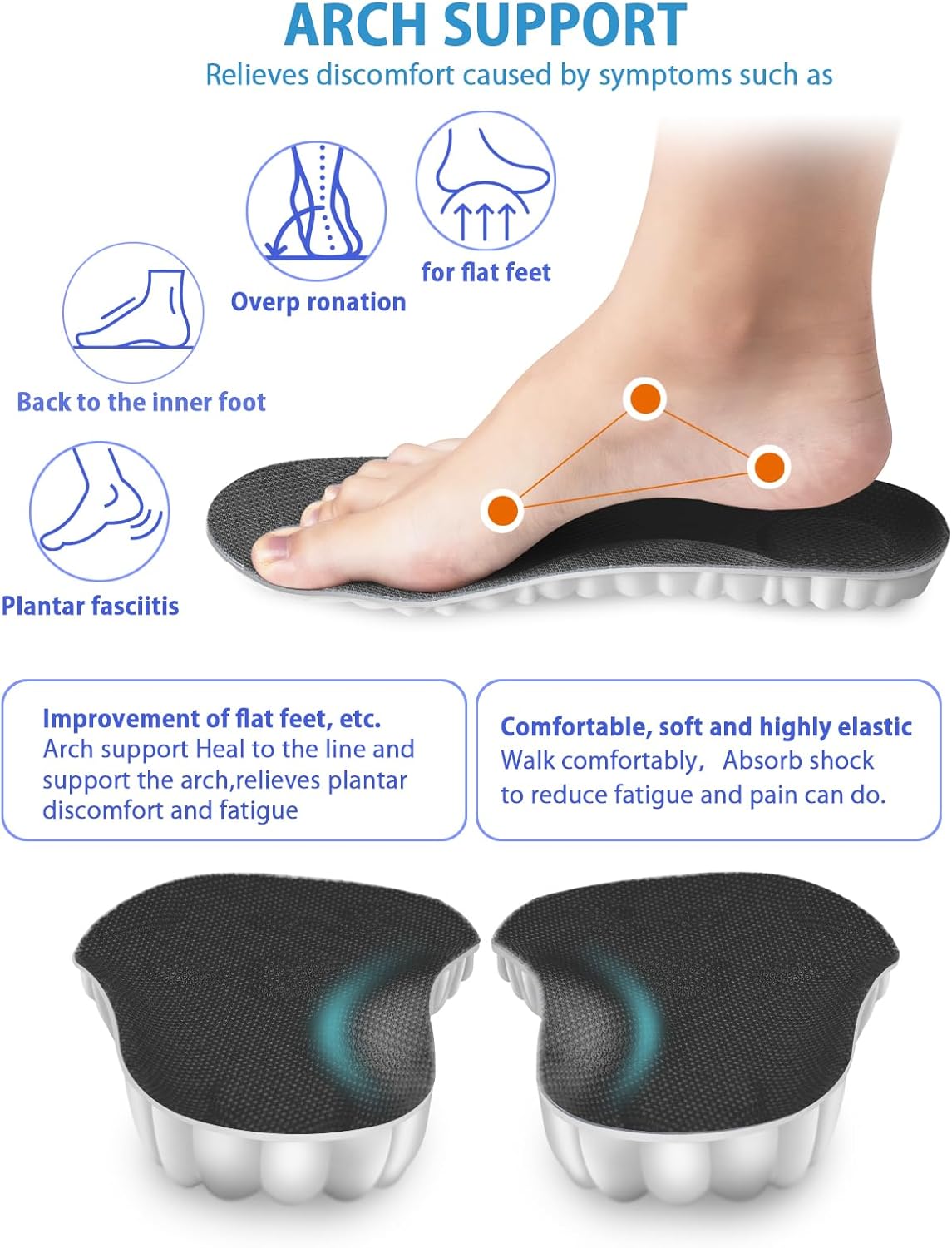 4D Cloud Insoles for Women and Kids, Arch Support Insoles, Memory Foam Insoles, Shock Absorption and Cushioning Sports Shoe Insoles (Black, XS (Men 5-6 / Women 6-7) - Image 4