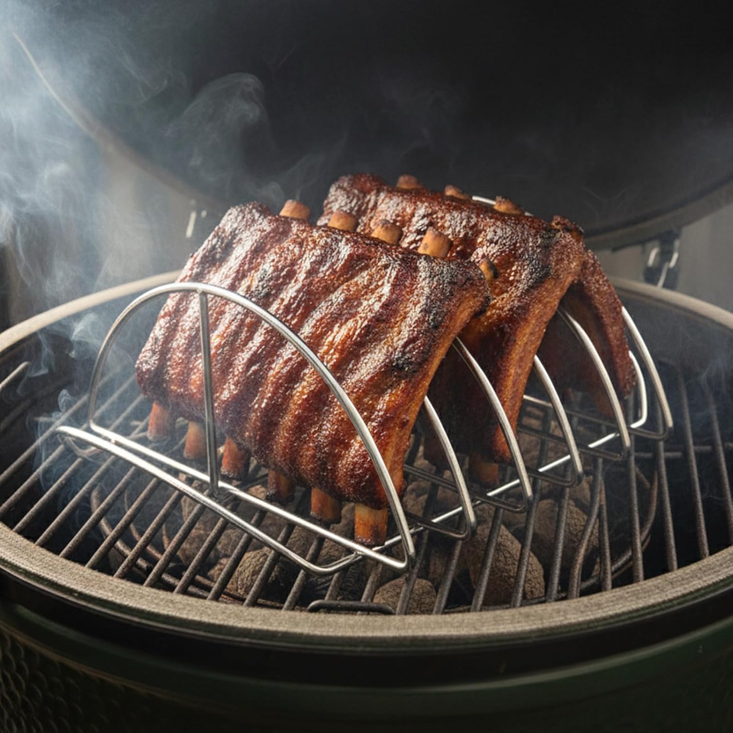 Stainless Steel BBQ Rib Rack & Membrane Remover Tool Combo - 2-in-1 Rib Prep and Cooking Set for Grills & Smokers - Heavy Duty Roast Rack for Ceramic Large Green Egg & Charcoal Grills,Oven Safe