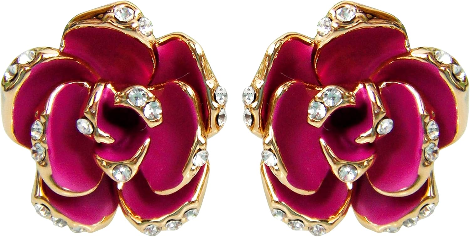 Navachi 18k Gold Plated Flower Blooming Stereo Rose Enamel White Crystal Omega Earrings