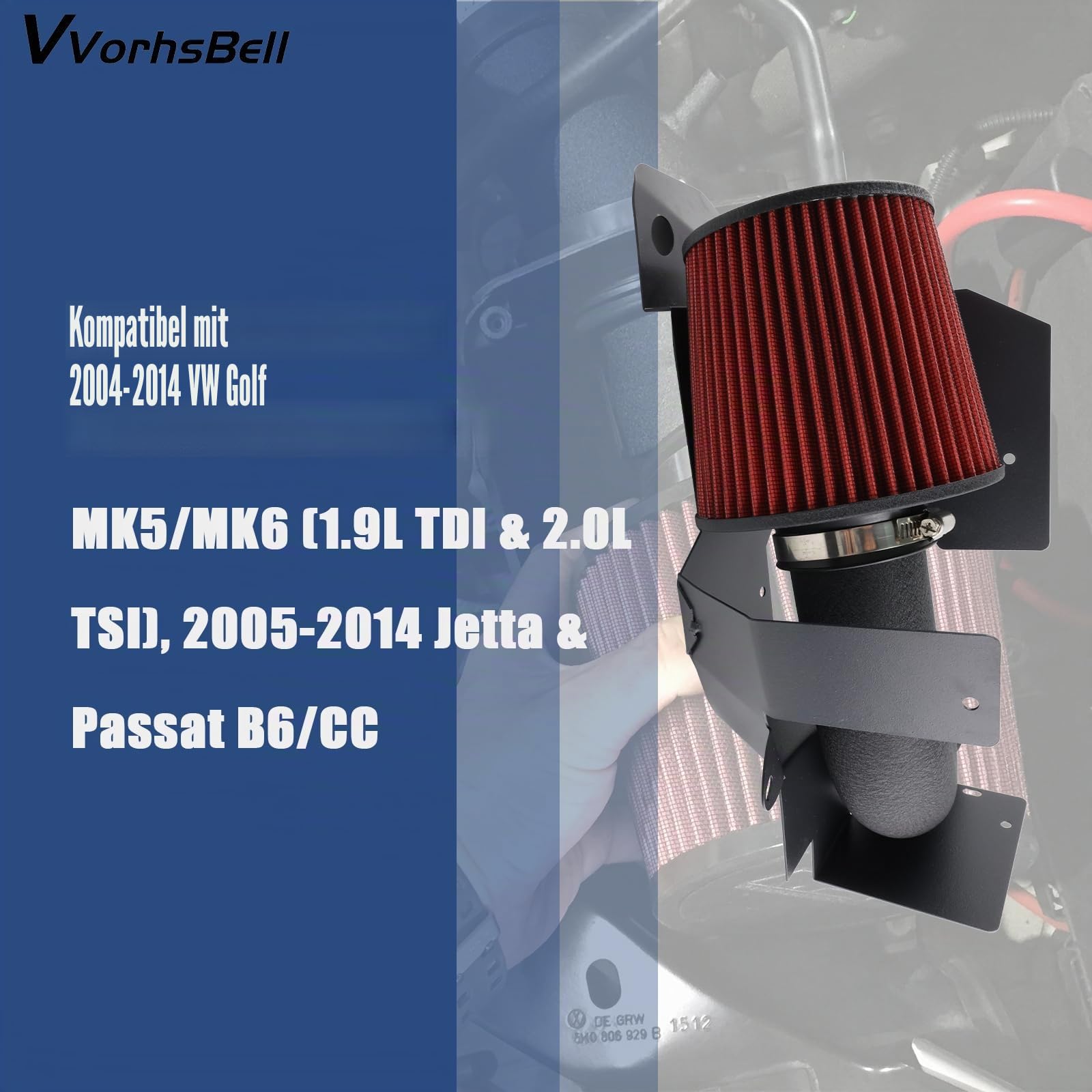 Kaltlufteinlass-Kit Kompatibel mit VW Golf MK5 1,9 TDI & 2,0L TSI (04-14) Jetta Passat (05-14) Leistungsfähiges Aluminium-Ansaugsystem mit Wärmeschild & waschbarem Filter