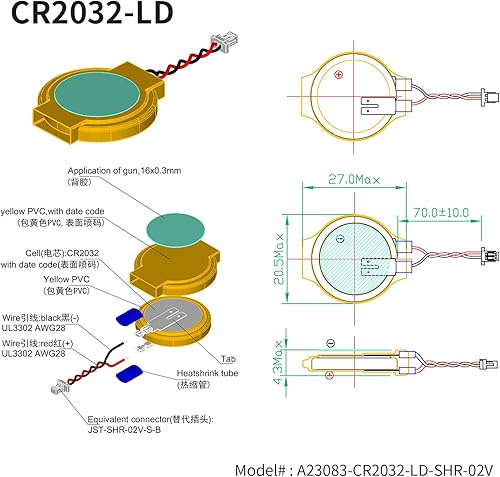 Miniatura 3 de EEMB Paquete de 10 baterías CMOS CR2032 de 3 V con cables de cable y conector SHR, batería de repuesto para computadora portátil Intel NUC y ASUS