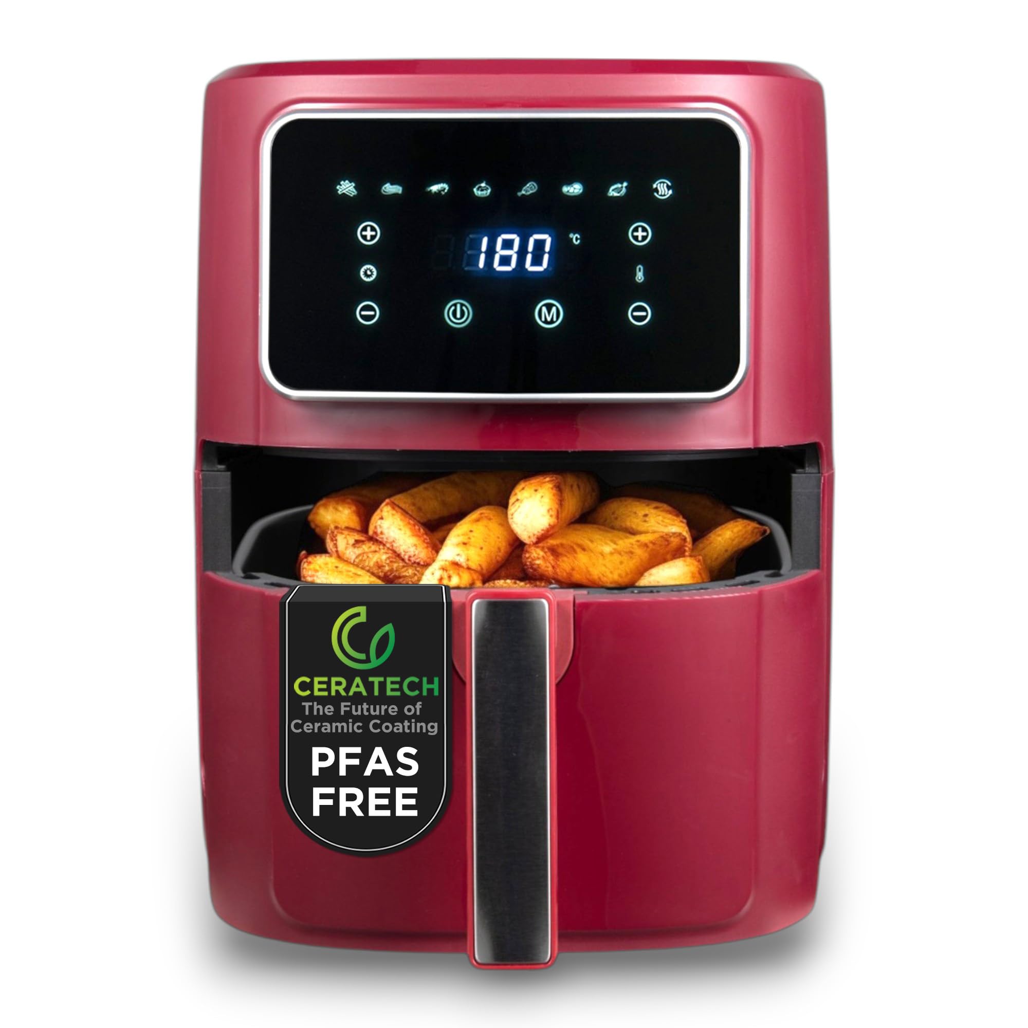 BERGNER MAROON - Friggitrice ad aria 1800W 6,9L - 8 programmi di cottura - Timer fino a 30 min - Controllo temperatura 80-200°C - Rivestimento Ceratech - Finitura opaca - Con cestello grill