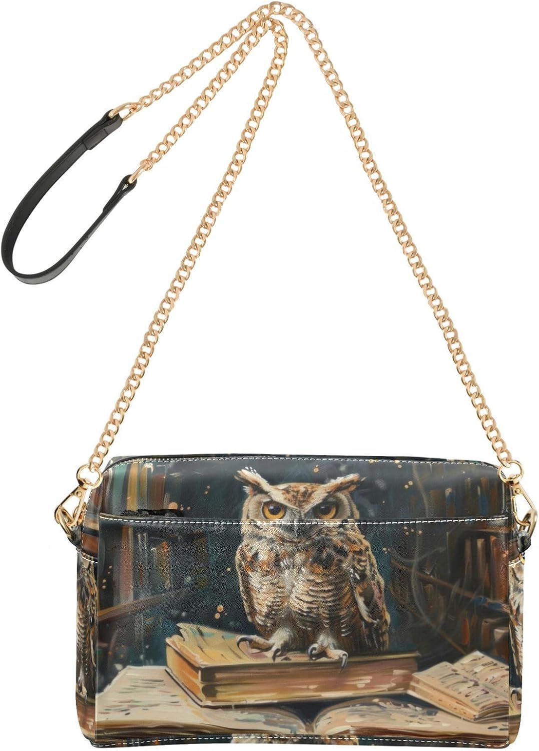 Women Crossbody Bag Shoulder Handbag Cellphone Purse PU Leather Metal Chain Strap Water Resistant Zipper Closure Wise Owl Print