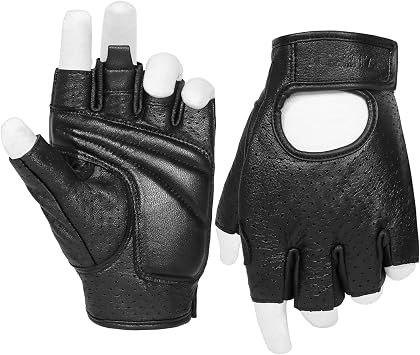 Half Finger Mens Motorcycle Gloves Gel Padded Fingerless Leather Motorbike Gloves Black, Medium