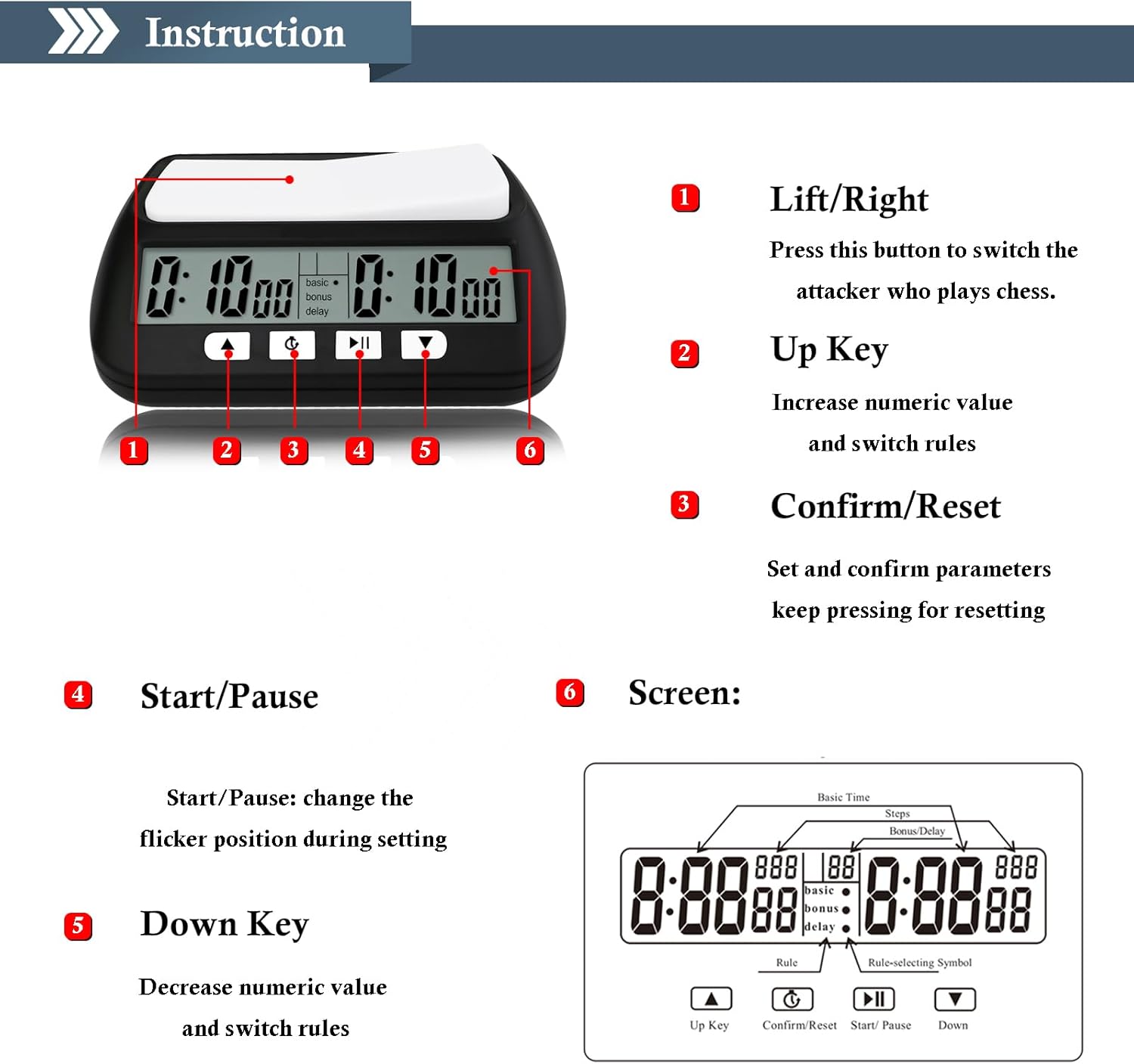 Digital Chess Clock Timer,QINFIEY Chess Timer for Board Games,Professional with Bonus Delay Count Down Up Function,Batteries Included