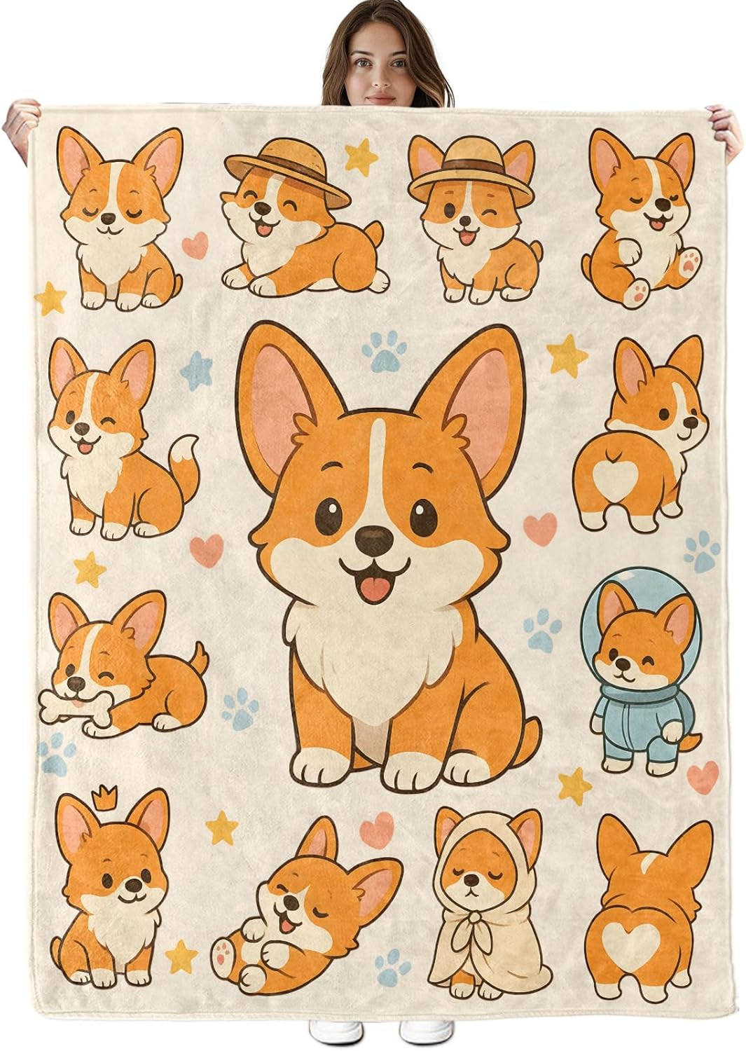 Cute Corgi Blanket, Lightweight Cozy Adorable Multiple Poses Puppy, Paw Prints, Stars and Hearts Throw Blanket Gifts for Women Girl Kids, 50×60 Inch Soft Warm Flannel Throws for Bed Decor Travel Couch