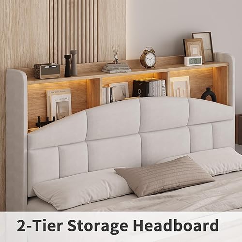 Miniatura 3 de Base de cama de tamaño matrimonial con cabecero, base de cama tapizada de terciopelo con luces LED, plataforma de tamaño matrimonial con soporte de