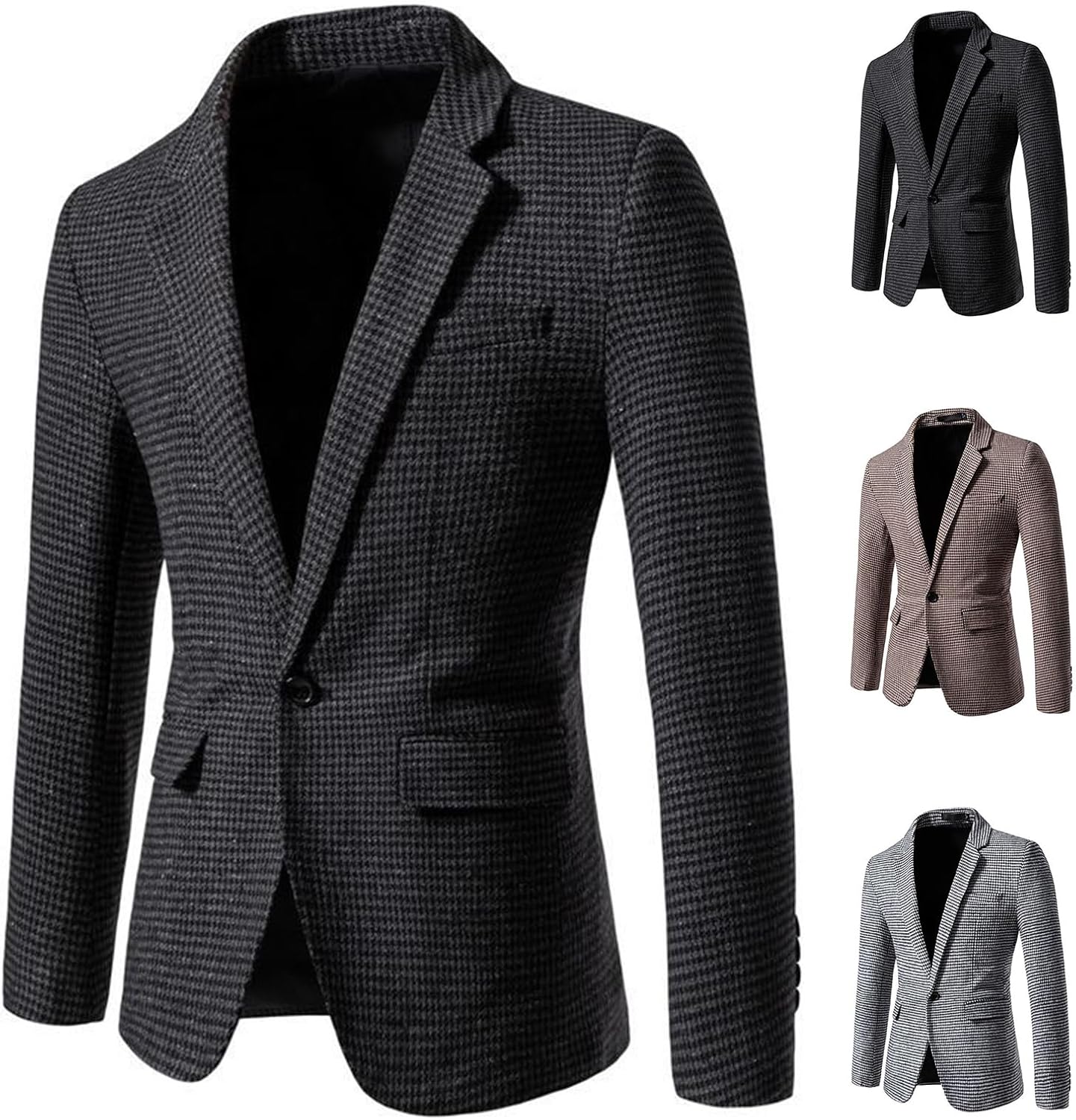 Mens Classic Fit Plaid Suit Knitted Jacket Lightweight Vintage Herringbone Tweed Blazer One-Button Wool Blend with Pocket