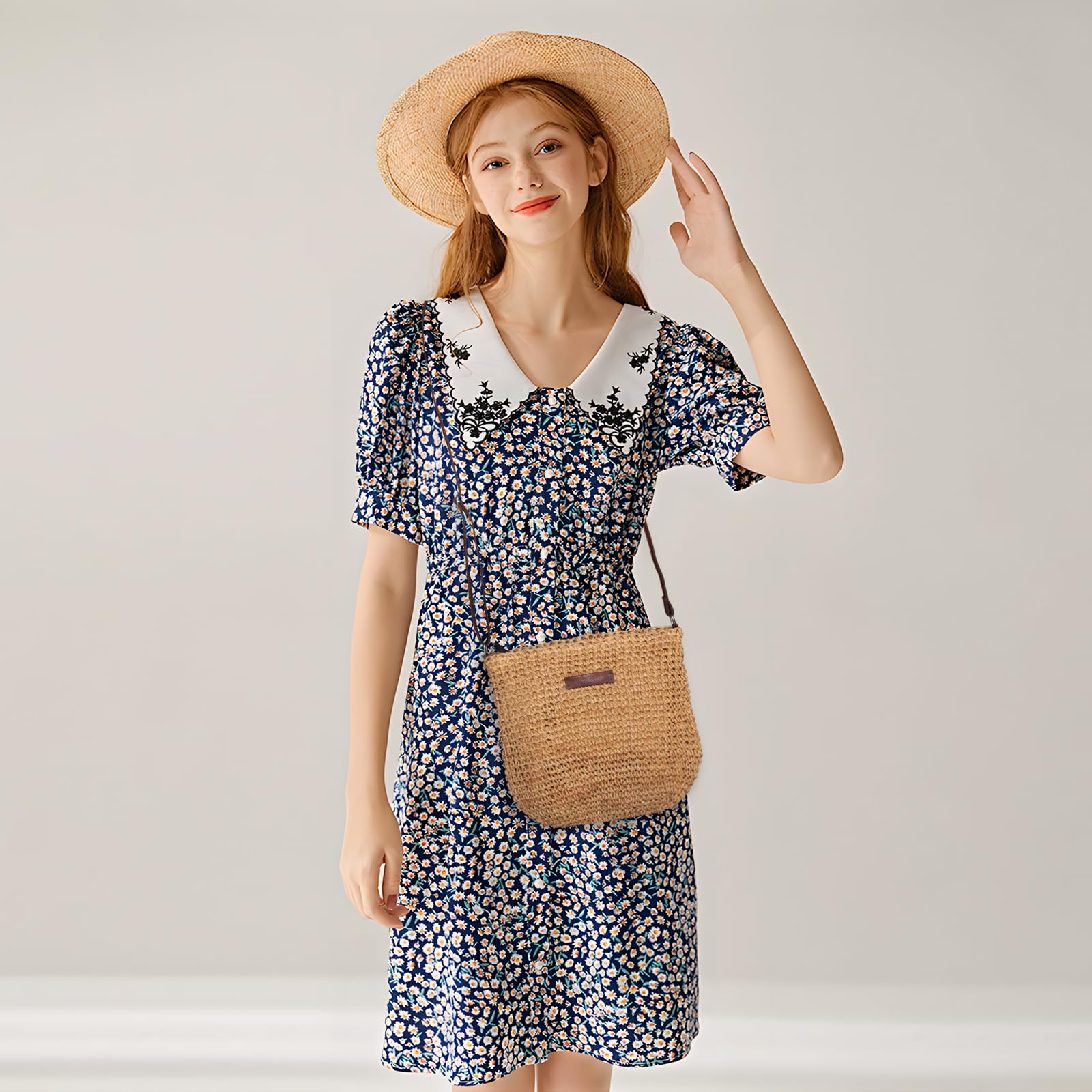 Petit sac de paille pour femme, sac à bandoulière d'été avec fermeture éclair et sangle réglable, tissage bohème fait à la main pour les vacances, la plage, les voyages