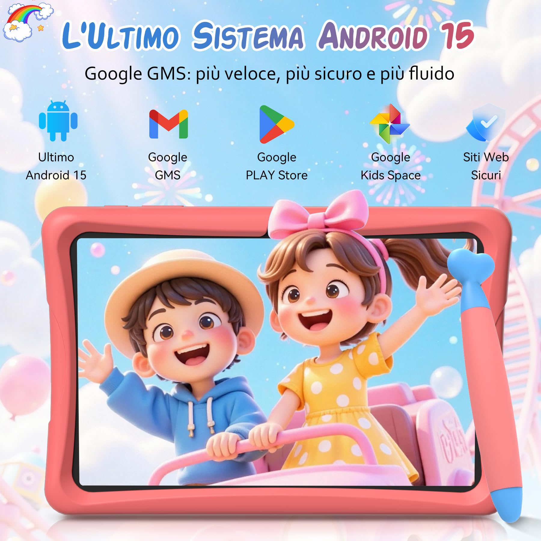 TABWEE Tablet per Bambini 10 Pollici, Tablets Android 15, 12 GB RAM + 64 GB ROM (2 TB TF), 5G WiFi, Bluetooth 5.0, 5000mAh, Controllo Genitori, Tablet Educativo per Bambini con Custodia EVE