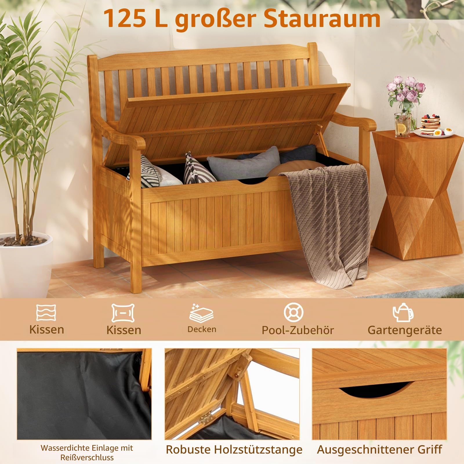 FANTASK Gartenbank Holz mit Stauraum, Aufbewahrungsbank für 2-Sitzer, Outdoor Balkonbank mit abnehmbarem Innensack bis 360kg belastbar, Natur