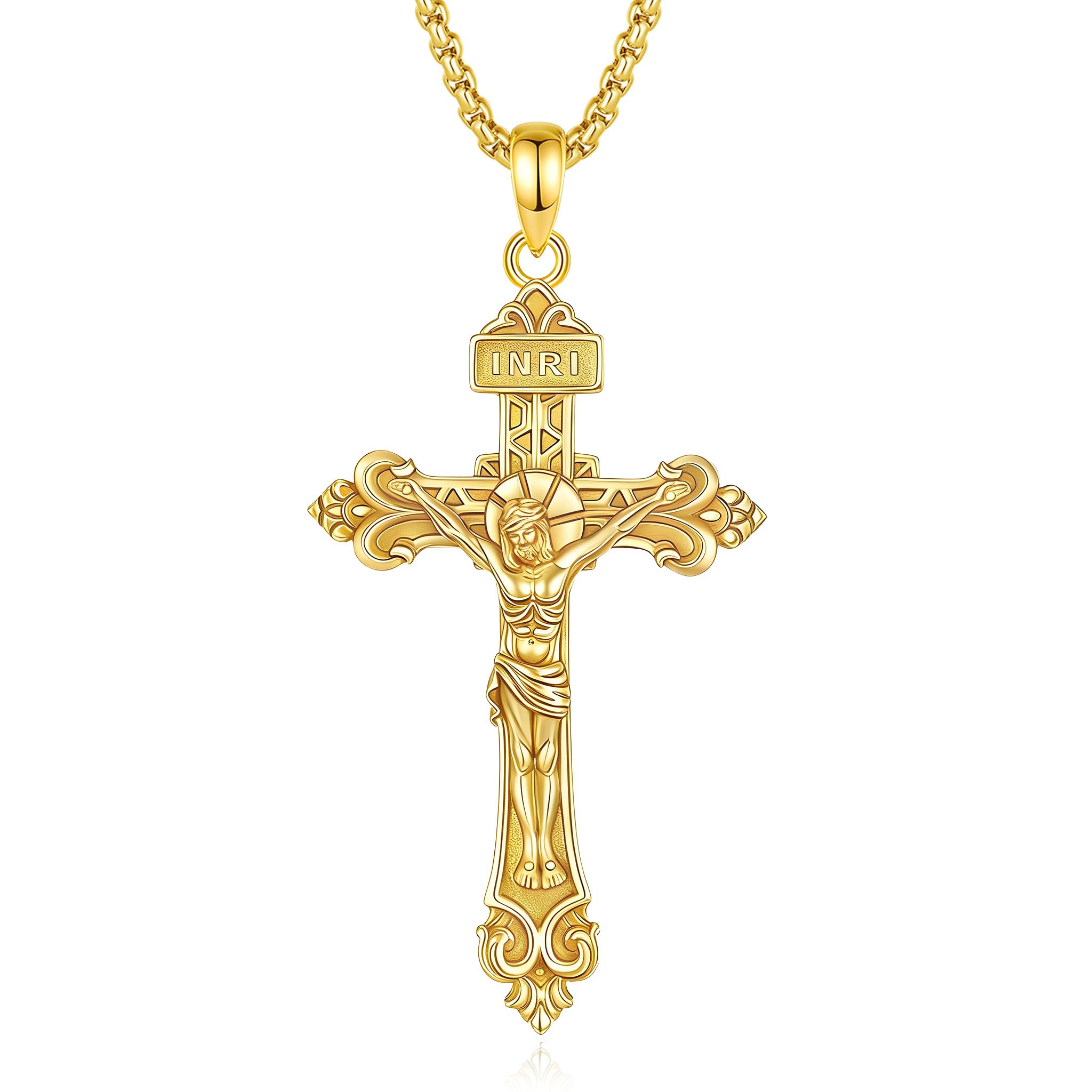 AEONSLOVE 925 Sterling Silver Saint Benedict/St Michael/Cruz de Caravaca Pendant Necklace Religious Gifts for Women Men A - Crucifix Cross-Gold