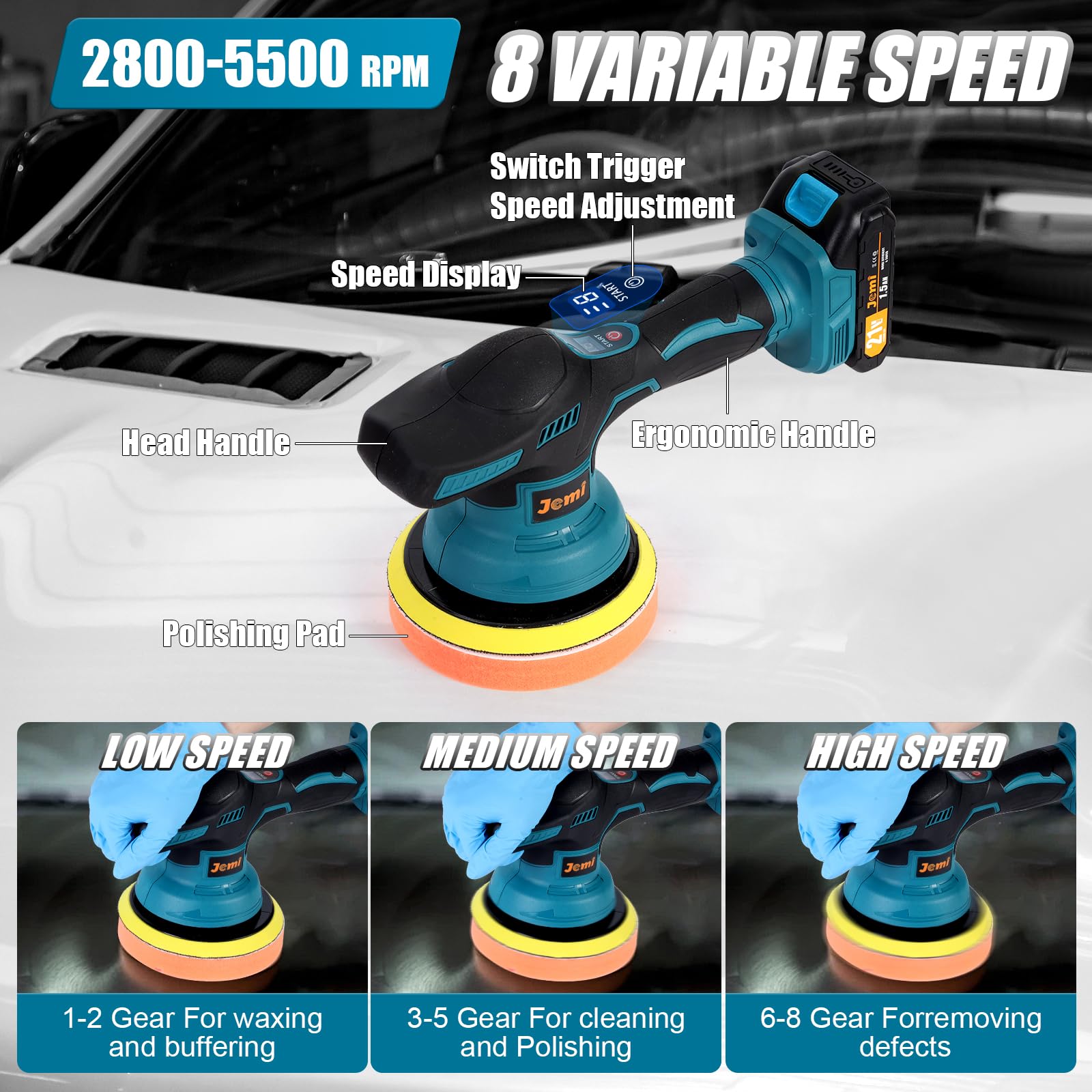 Pulidor de coche inalámbrico 21 V, 8 velocidades, 2800 – 5500 rpm