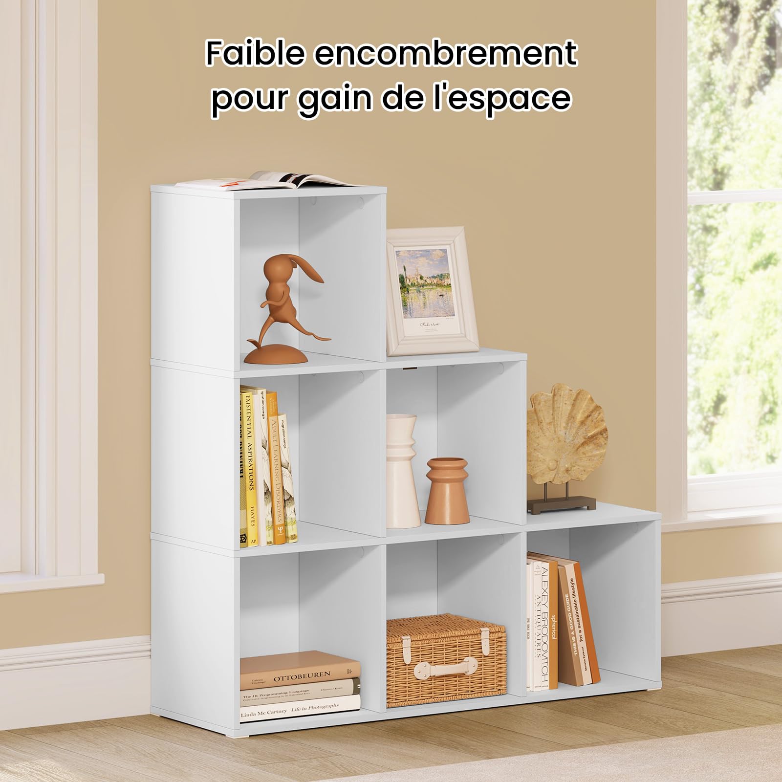 WOLTU Bibliothèque avec 6 Cubes, Étagère d'Escalier, Meuble de Rangement à Cubes, Étagère en Bois d'Ingénieriepour Salon, Chambre à Coucher, Bureau, 90x30x90cm, Blanc, SK061ws