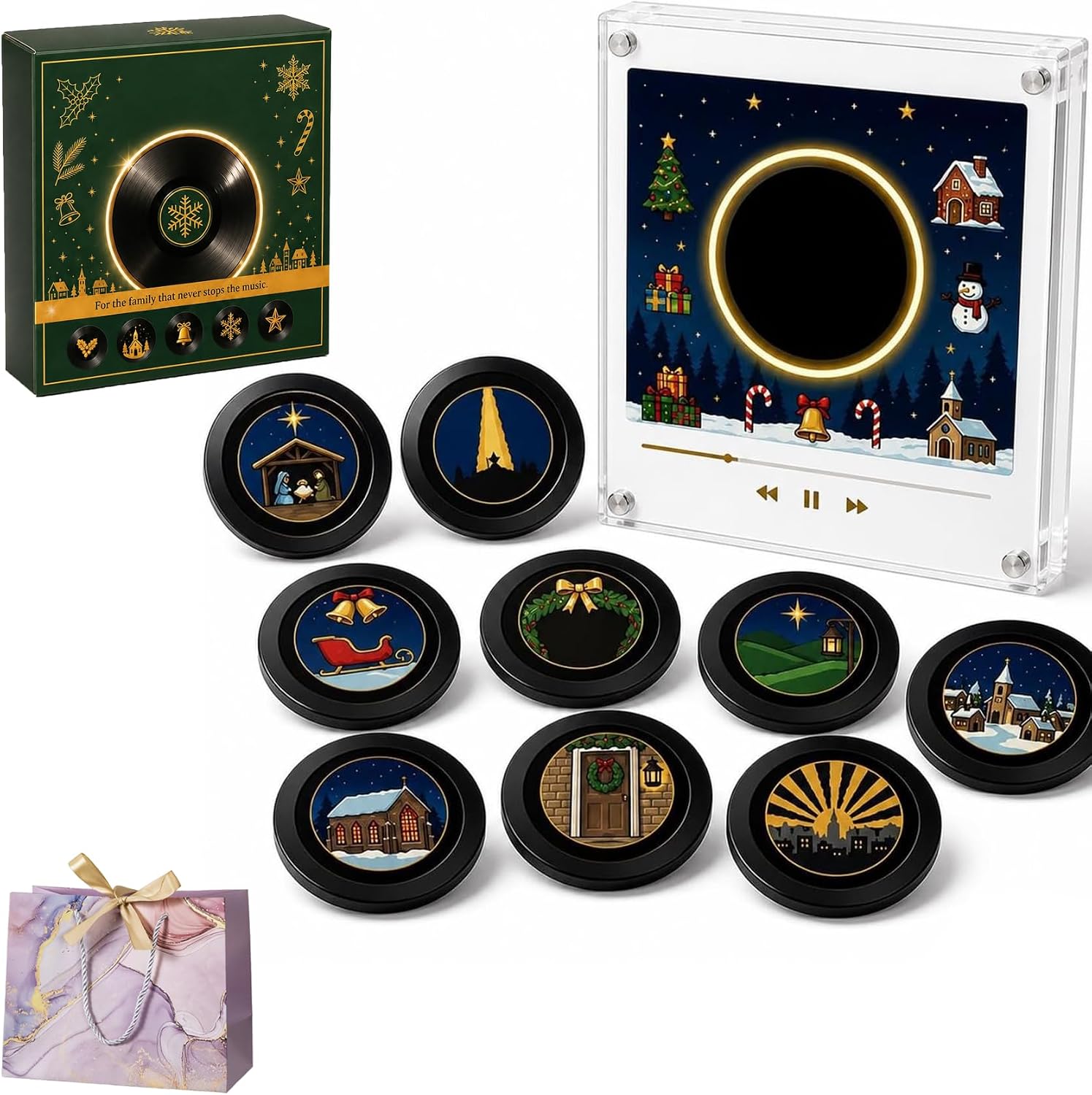 Christmas Fridge Magnet Music Player Set with 9 Vinyl Style Discs and USB C, Mini Vinyl Record Player-Inspired Magnetic Music Box with 9 NFC Discs and Phone-Free Playback,1 Set