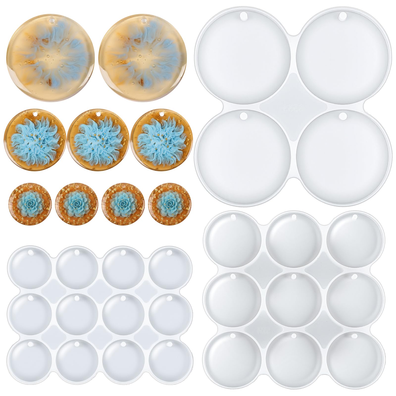 Shiny Flat Circle Silicone Mold with Hole 25-Cavity Set of Large, Medium Small Round Keychain Silicone Mold Drilled Round Earrings Pendant Mold Resin Keychain for Pet Tag Molds DIY Wind Chimes