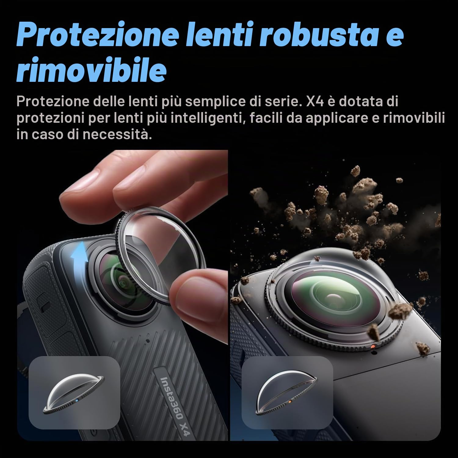Insta360 X4-8K - Action Camera impermeabile a 360°, video grandangolare 4K, protezioni per lenti rimovibili, durata della batteria 135 min, editing AI, stabilizzazione, per sport, viaggi, attività