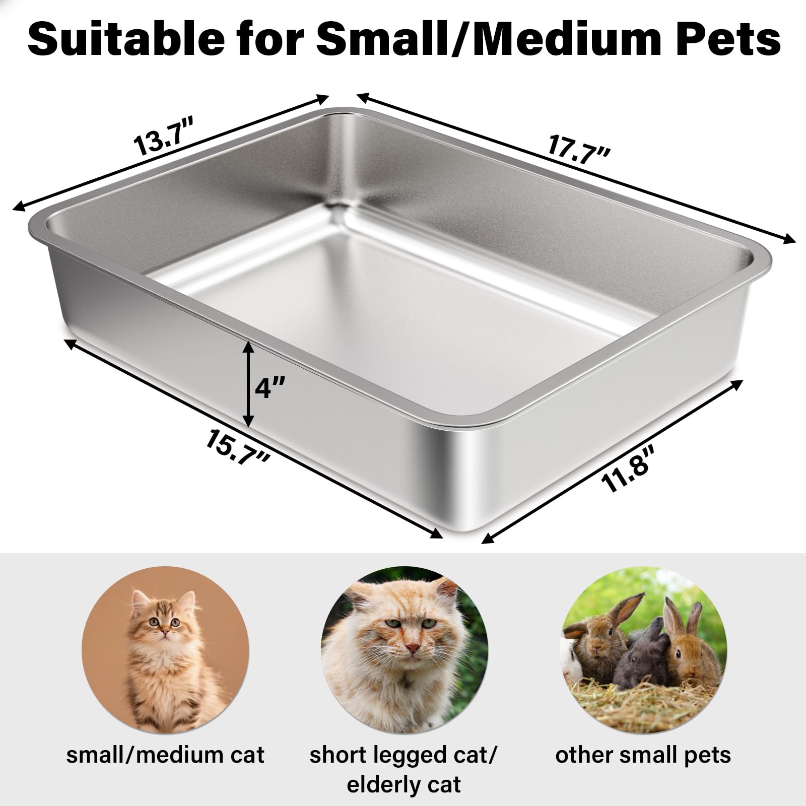 Holintan Stainless Steel Litter Box,Small Litter Box 2 Pack 17.7" x 13.7" x 4",Easy Entry Metal Litter Boxes for Kittens Cat Kitty Rabbits,Easy Clean Non Stick No Smell - image 2