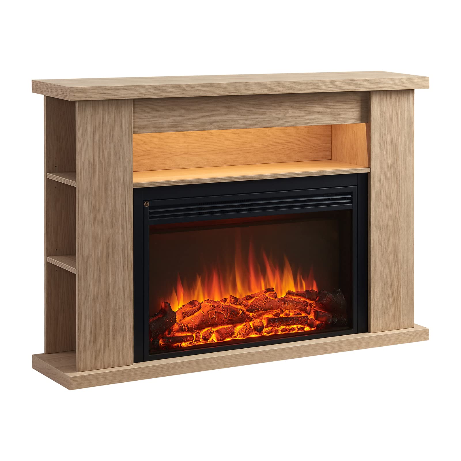 Flamme Natural Oak 51" Lipson Electric Fireplace Suite Colour With Storage Shelves Includes 2000W Heater With Glass Fronted Flame Effect, Remote Control
