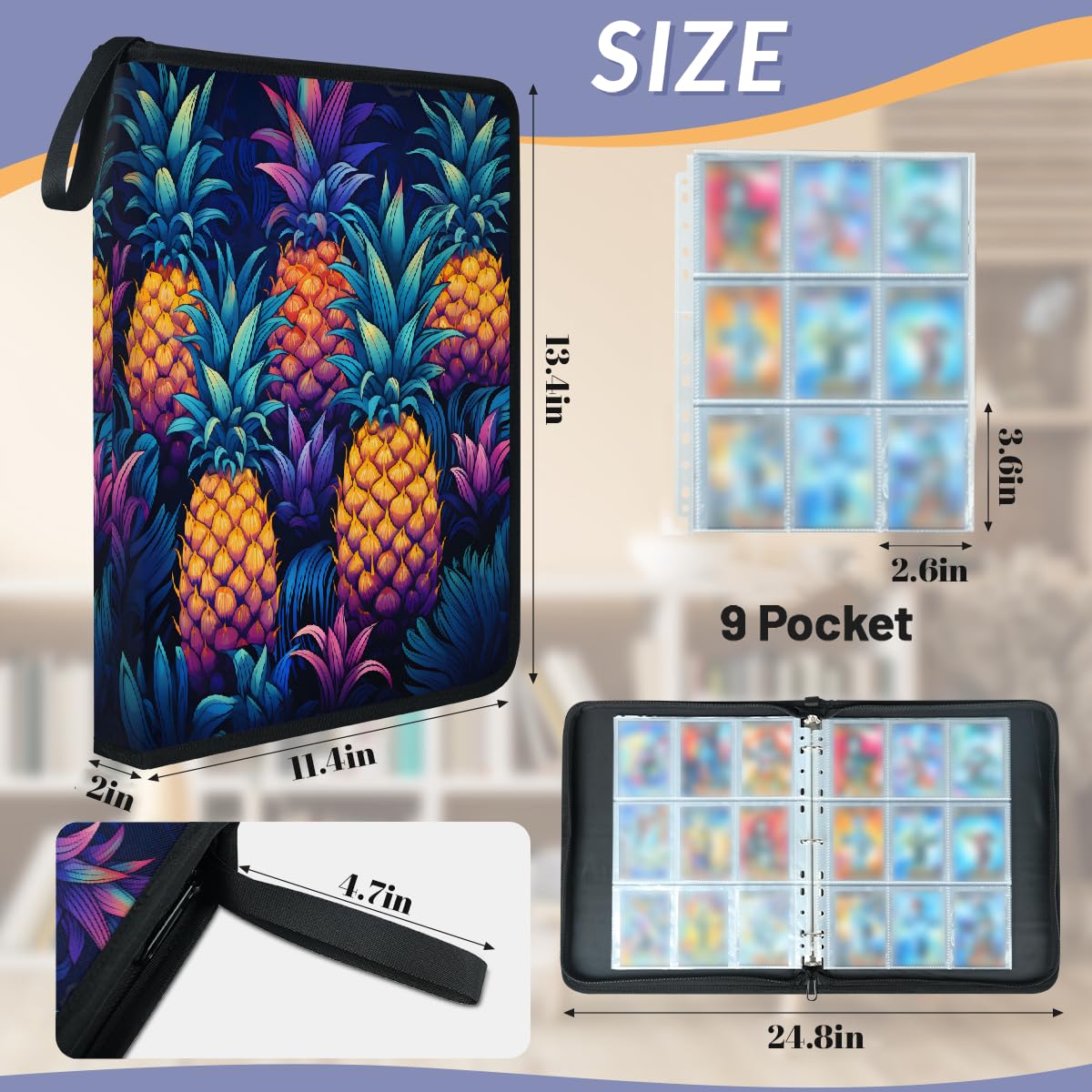 Raccoglitore per carte collezionabili con 9 tasche con ananas, raccoglitore per carte con maniche rimovibili, impermeabile, con cerniera, 50 pagine, capacità 900 carte