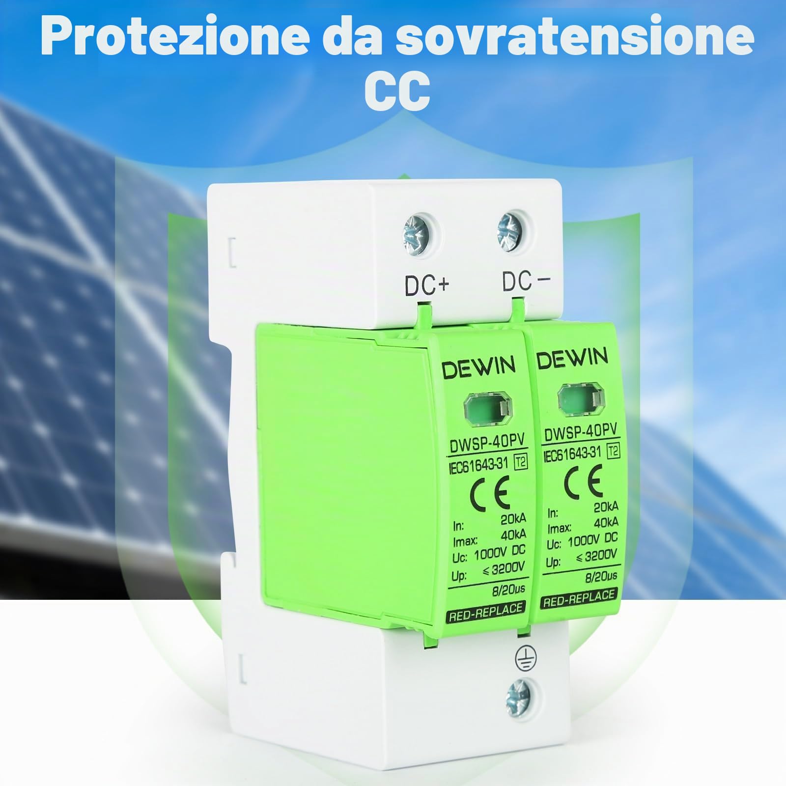 DEWIN Scaricatore di Sovratensione 2P 40KA DC 1000V Fotovoltaico Protezione Fulmini