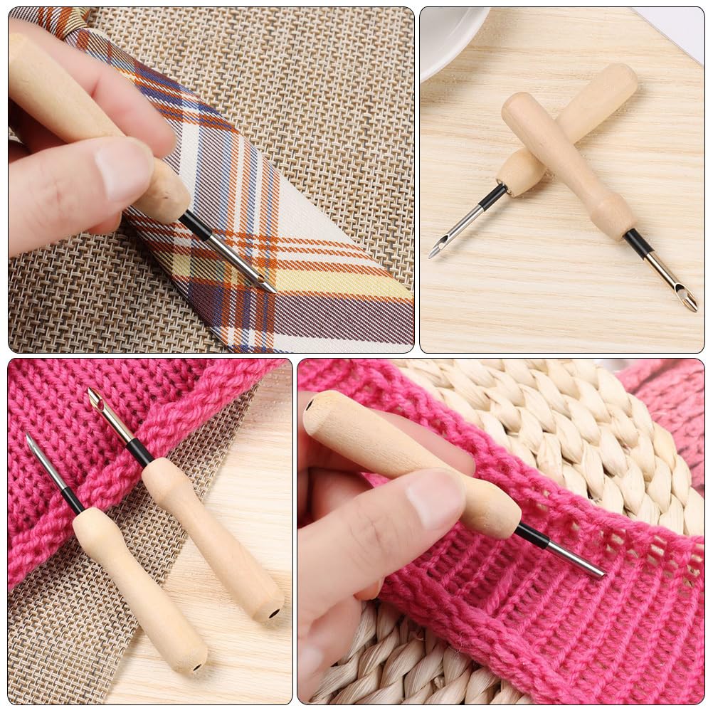 VICASKY 5pcs Punch Needle, Wooden Embroidery Pen Needle Set Large with Threader for DIY Craft Stitching 5pcs Handle Rug Hooking Tool Complete Set Pens Embellishment