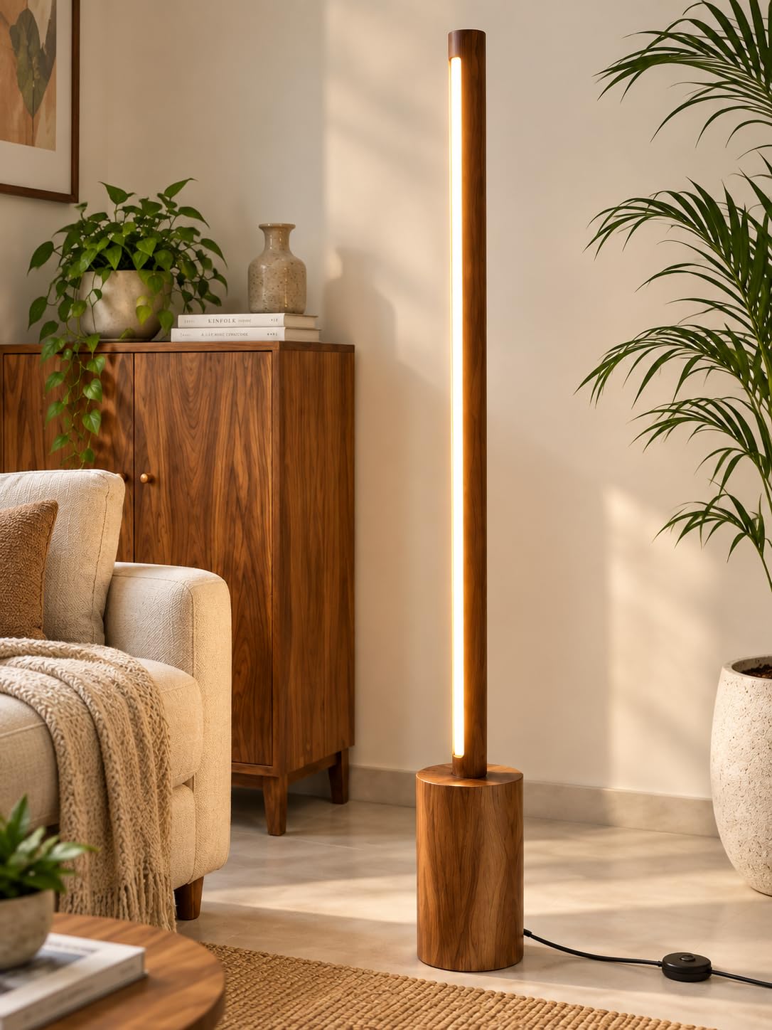 Modern LED Floor Lamp - Warm Light, Wooden Base -1 Modern LED Floor Lamp - Warm Light, Wooden Base -1
