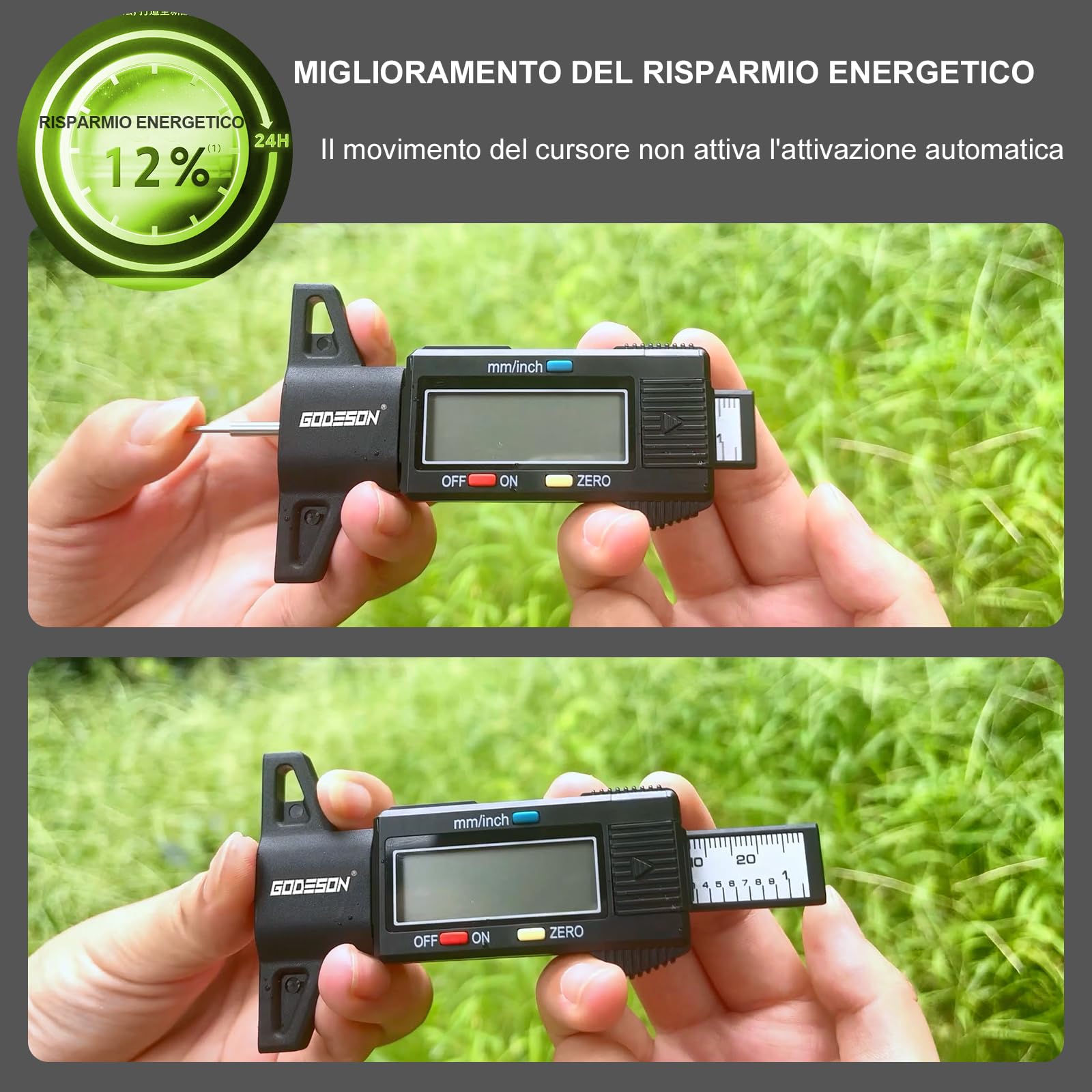 GODESON Digitale Misuratore Profondità Battistrada, Misuratore di Calibro Pneumatico con ampio display LCD per moto, auto, camion in inch/mm