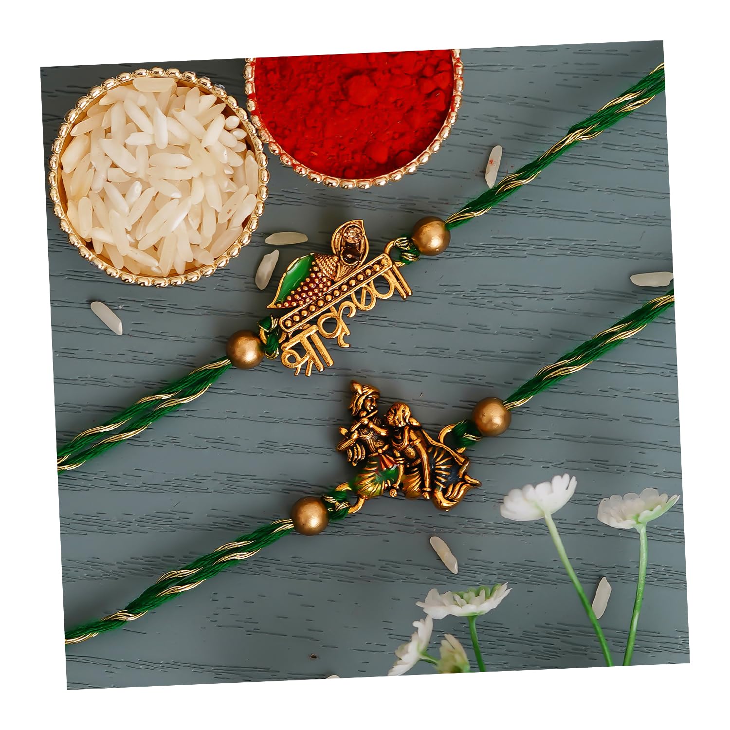 Green & Golden Set of 2 Shri Krishna and Radha Krishna Playing Flute Designer Religious Rakhis with Roli Chawal Pack - Rakhi for Brother, Bhaiya, Bhai (B0B5DMMMBV) Amazon Price History, Amazon Price Tracker