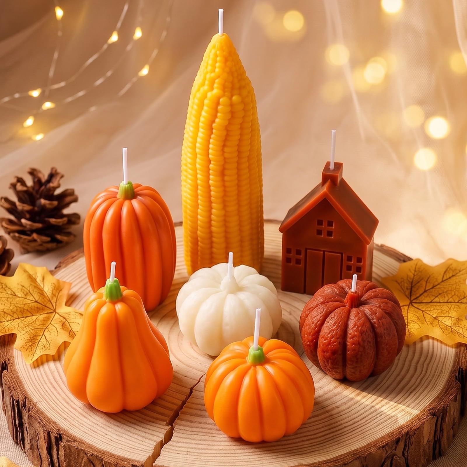 Conelist Lot de 7 bougies parfumées d'automne en forme de citrouille - Bougies d'aromathérapie en cire de soja pour Thanksgiving, décoration de table pour l'automne, l'Action de grâce, la maison et la