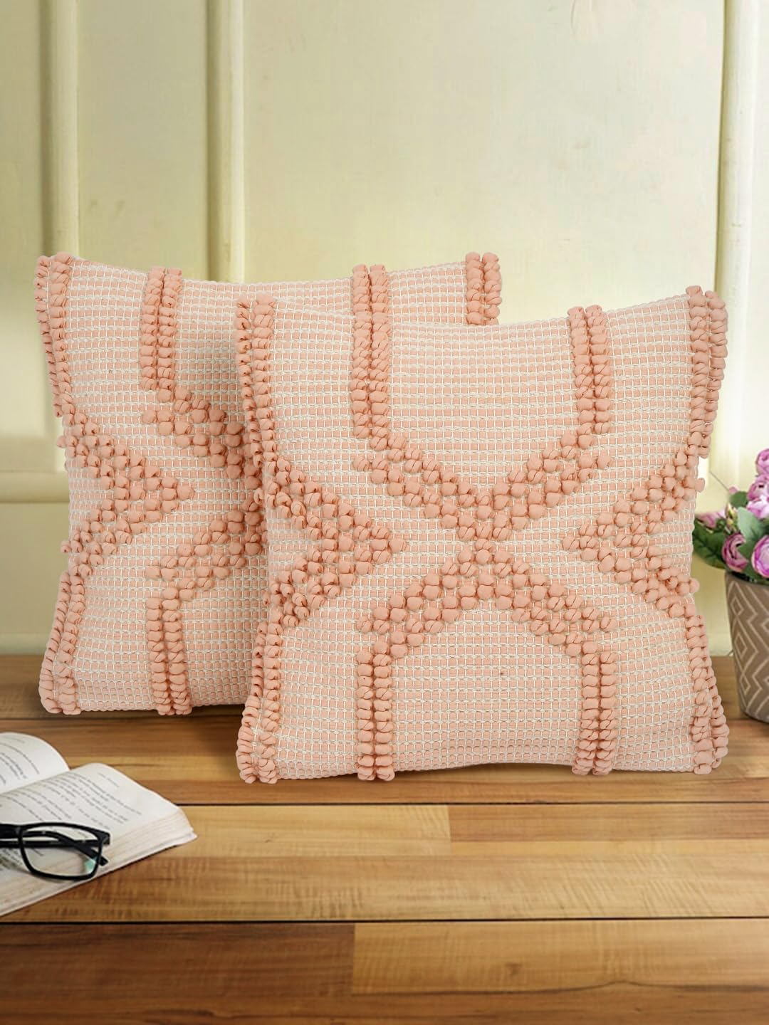 eyda Cotton Solid Hand Woven Cushion Covers with Zipper, (Set of 2, 16"X16") Handmade Solid Throw Cushion Cover for Living Room, Decorative Pillow Covers for Sofa, Bedroom, Couch, Diwan & Home Decor