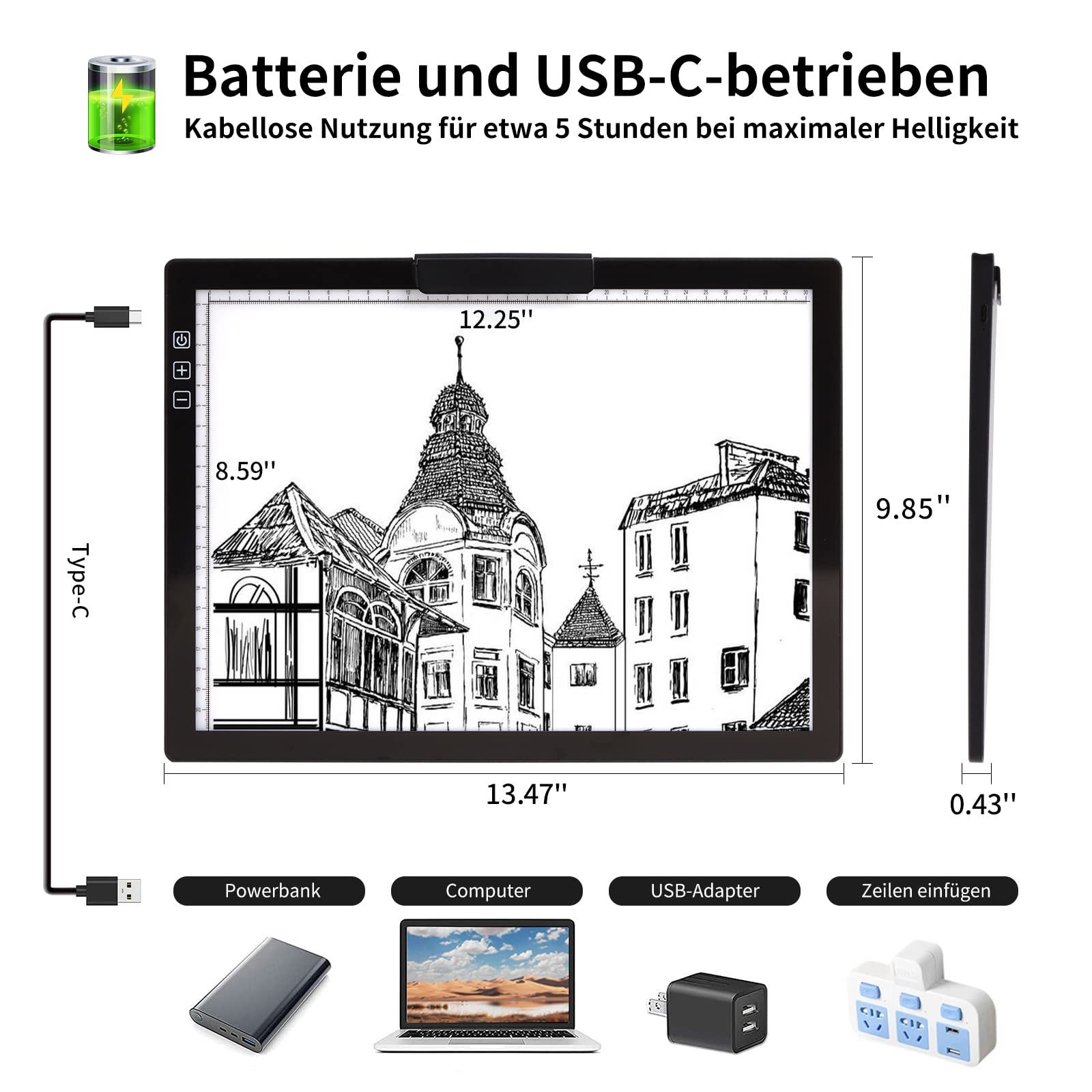 TOHETO A4 Kabellos Leuchttisch mit Tasche, Innovativem Ständer/Oberem Clip, Wiederaufladbar Leuchtkasten, Stufenlos Dimmbar und 6 Helligkeitsstufen Leuchttafel zum Diamantmalerei, Zeichnung (Schwarz)