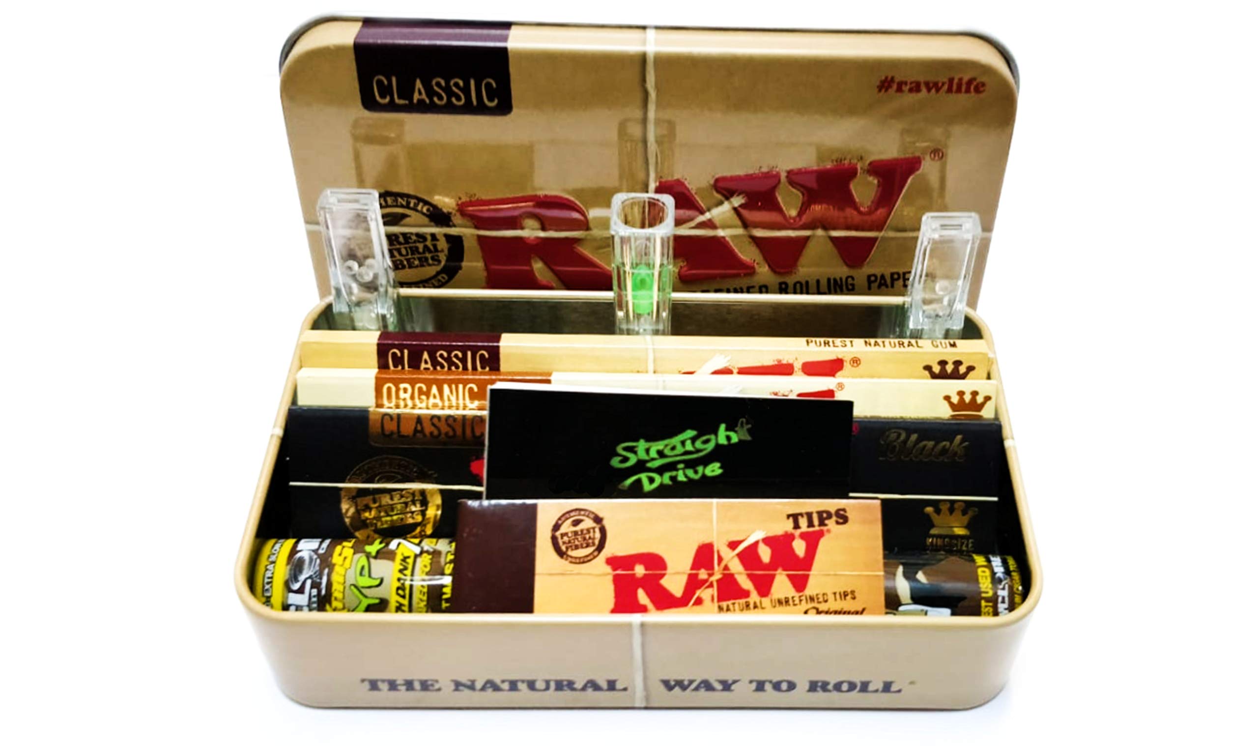 Straight Drive Brand 1 Rolling Tip & Raw Unhinged Metal Tin/Stash Can/Storage Case Deal with New Raw Black King Size Rolling Paper by MakBros