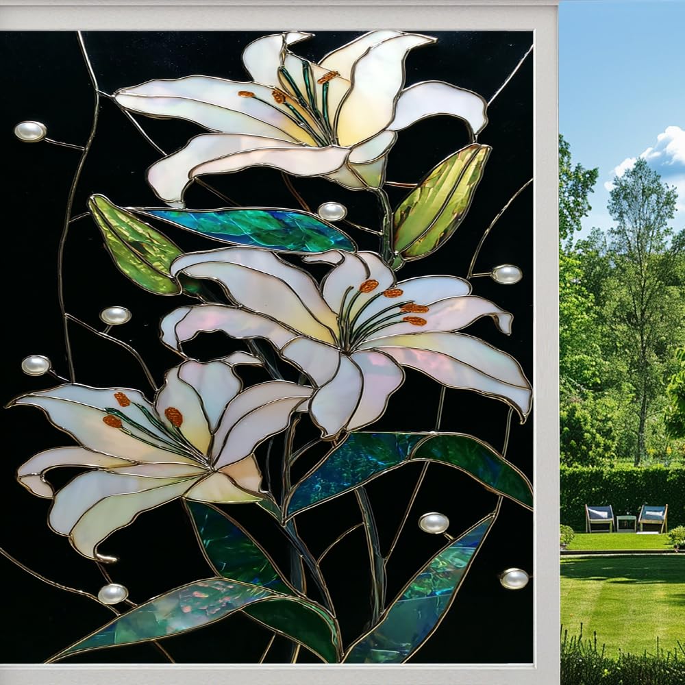 Pmlbaous Colorful Lily Stained Glass Window Film, Natural Flower Plant Peel And Stick Privacy Film, Frosted Adhesive Vinyl Decorative For Bathroom Windows Glass Doors, （80X120cm）