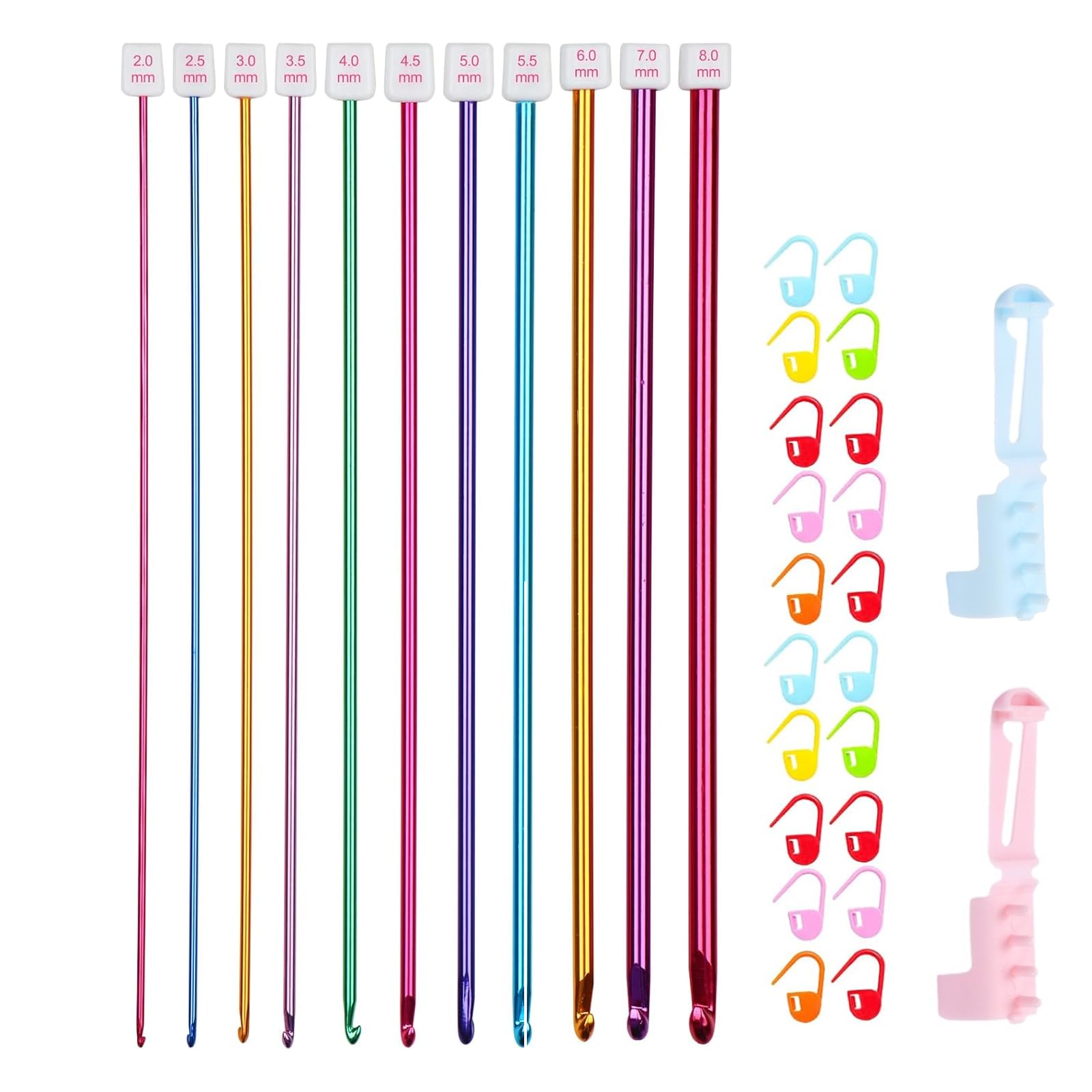 11PCS Tunisian Crochet Hook Set Tunisian Afghan Knitting Hook Needle Set, Colorful Aluminum Knitting Tool, Sweater Needle Crochet Kits for Beginners,2mm-8mm(with Marking Clasp and Splitter