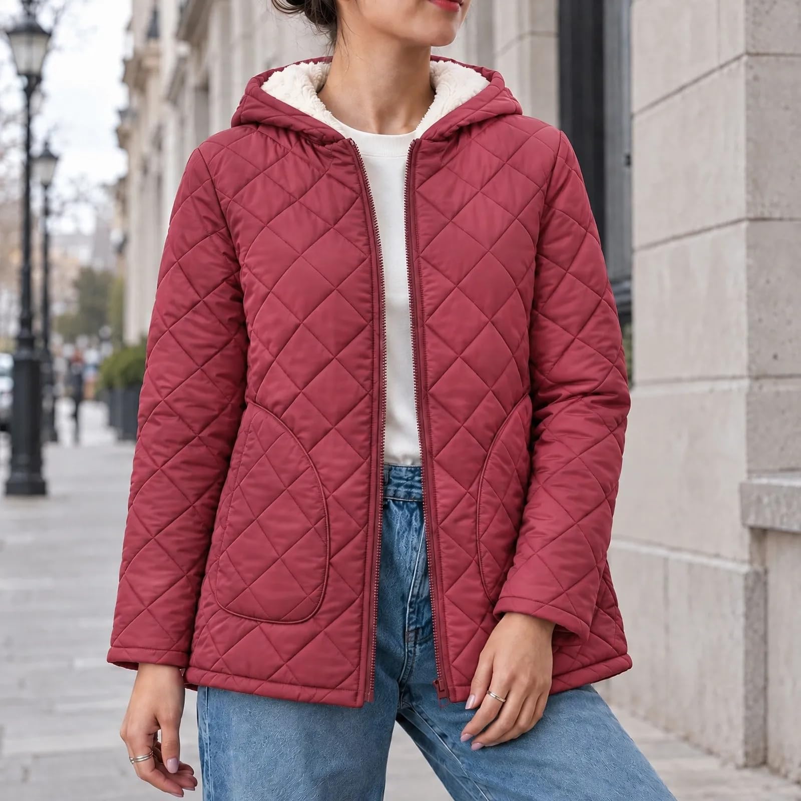 Steppjacke Damen Gepolsterte Übergangsjacke mit Kapuze Taschen Freizeit Winterjacke Reißverschluss Warm Gefüttert Fleecejacke Herbst Winter Outdoor Jacken Steppmantel