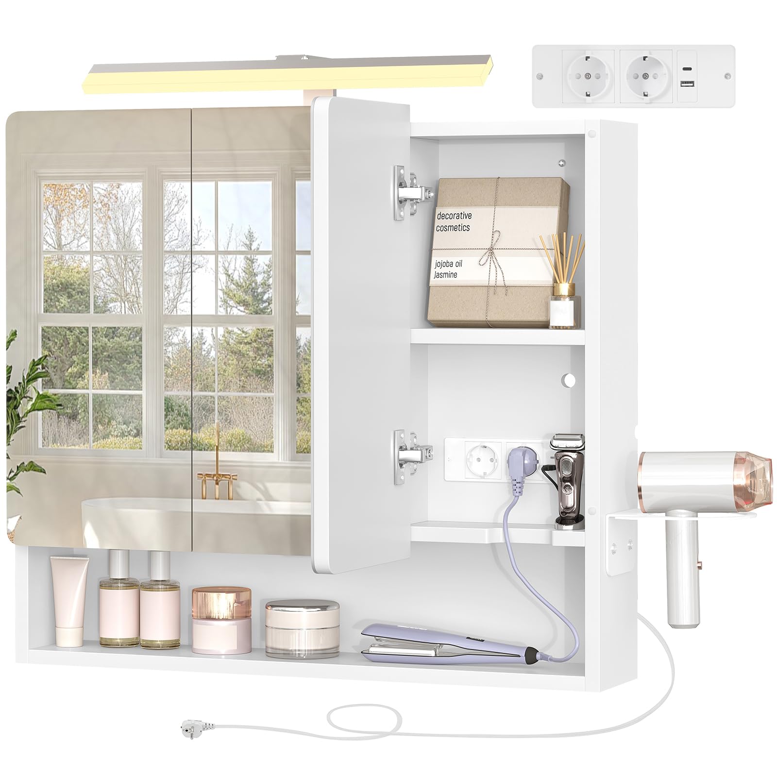 SLINEMO Spiegelschrank Bad mit Beleuchtung, Spiegelschrank mit Klappspiegel, Steckdosen, 3 Farbtemperaturen, Föhnhalter und Verstellbaren Böden – 70×15×65 cm, Weiß