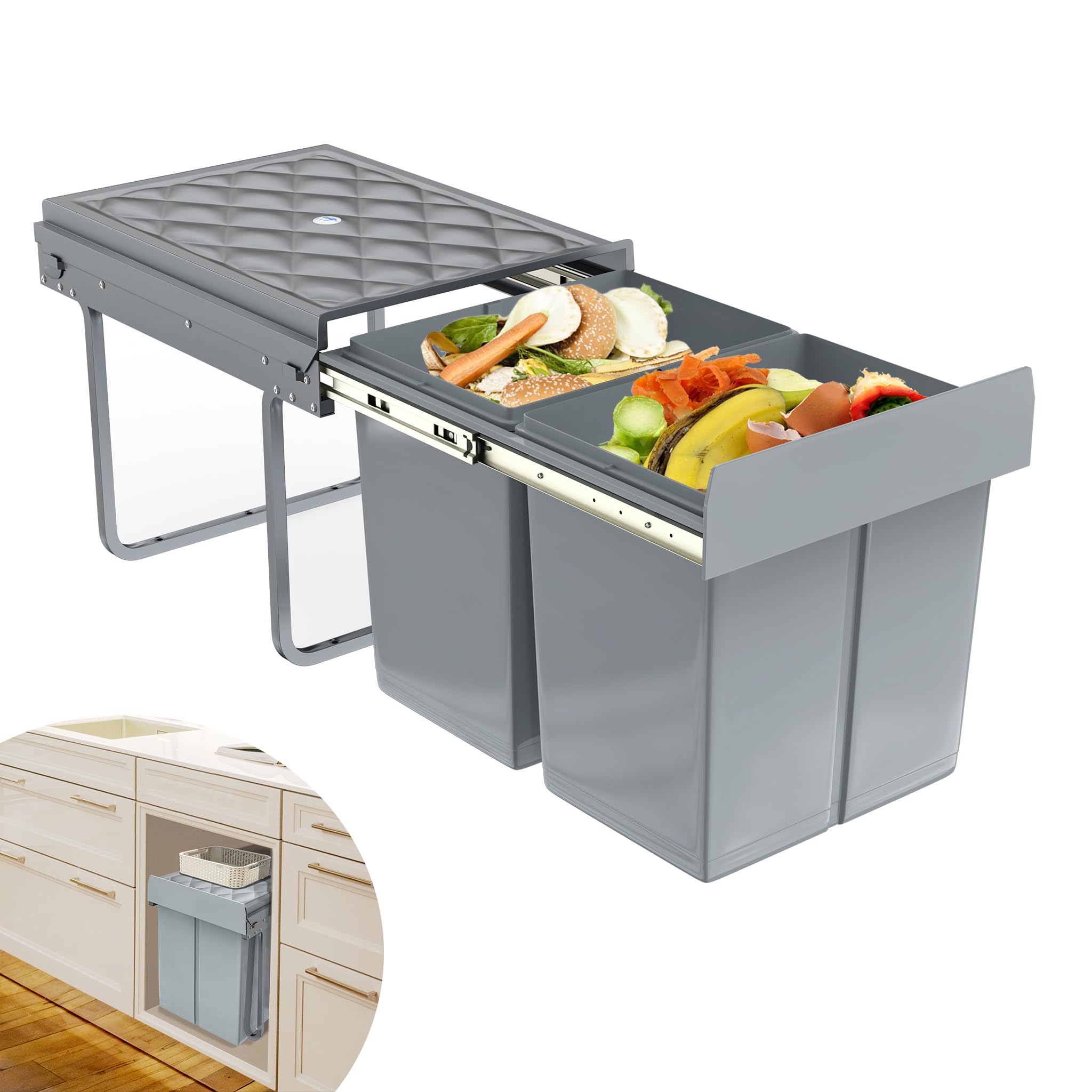 Grau 2 x 15L Einbaumülleimer Mülltrennsystem Ausziehbar Mehrfachbehälter Abfallsammler Schrankmülleimer Geruchsdicht Komfortabler Zugang für Küche 48x34x35cm