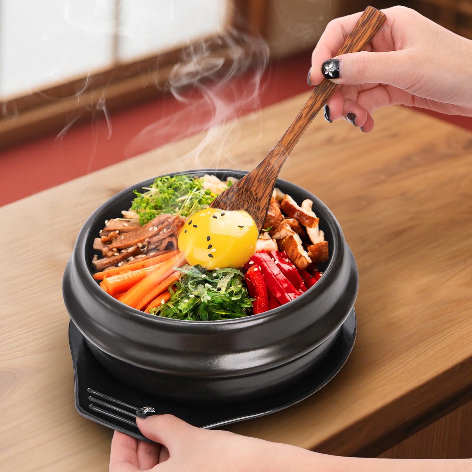 Bol en pierre coréenne de 1 050 ml avec plateau | Dolsot Bibimbap Ensemble de casseroles en céramique pour restaurants, riz, soupe, nouilles