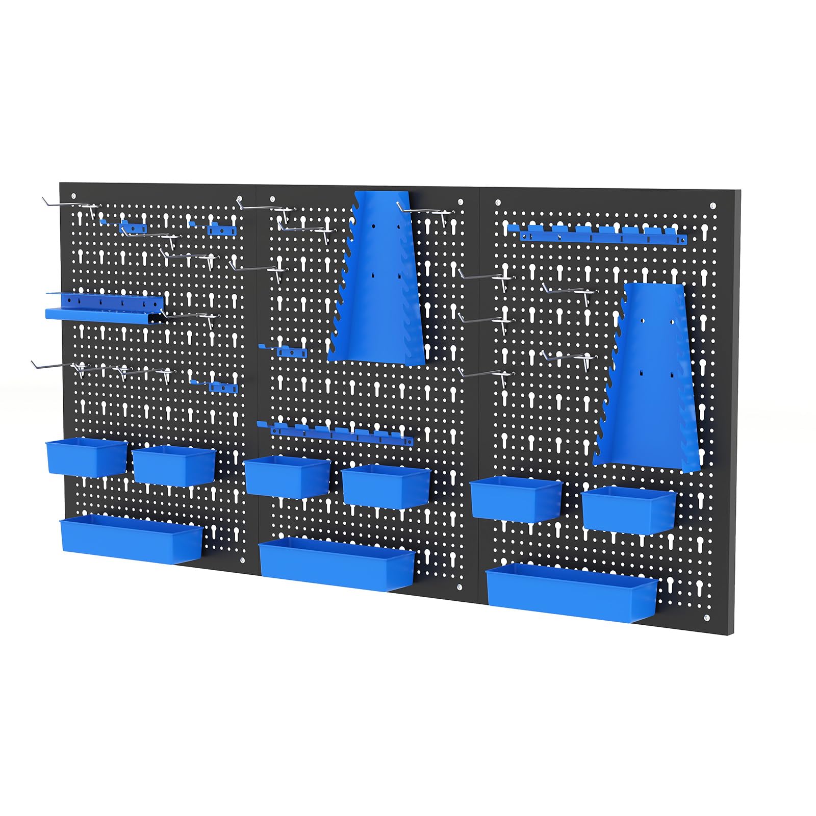 TANGZON Pegboard Organizer Kit, Wall-Mounted Metal Tool Rack with 3 Pegboards & Hanging Accessories, Multifunctional Tool Storage Holder for Warehouse Workshop Garage (Black+Blue, 34PCS Accessories)