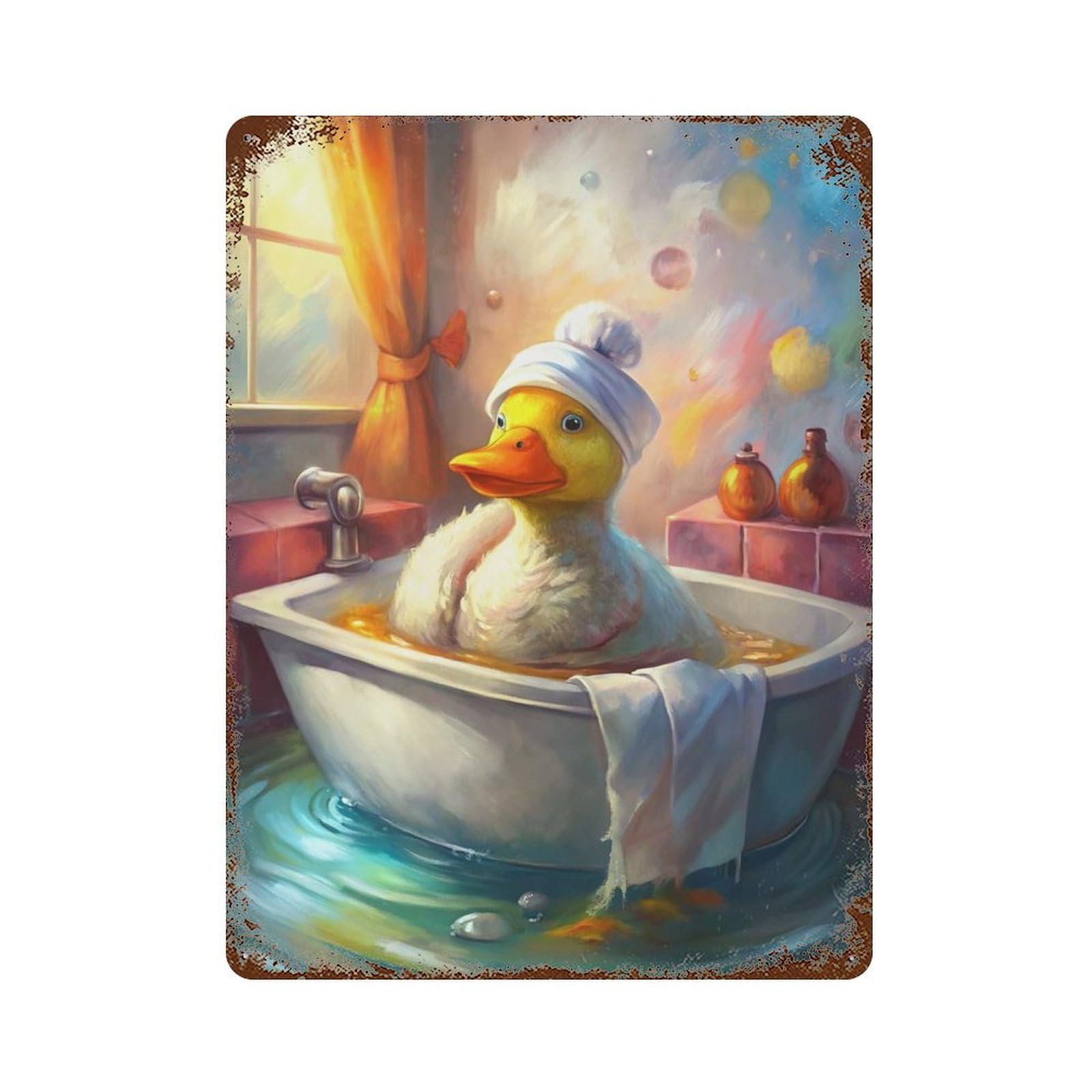 Duck in Bathtub with Towel Hat Rustic Tin Plaque 15.7"x11.8", Classic Wall Plaque for Garage, Pub Or Kitchen