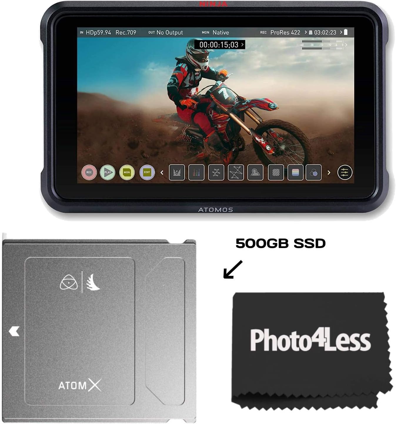 Atomos Ninja V 5inche Touchscreen Recording Monitor with Atomos 500 GB Atom X SSDmini External Solid State Drive, 500GB SSD