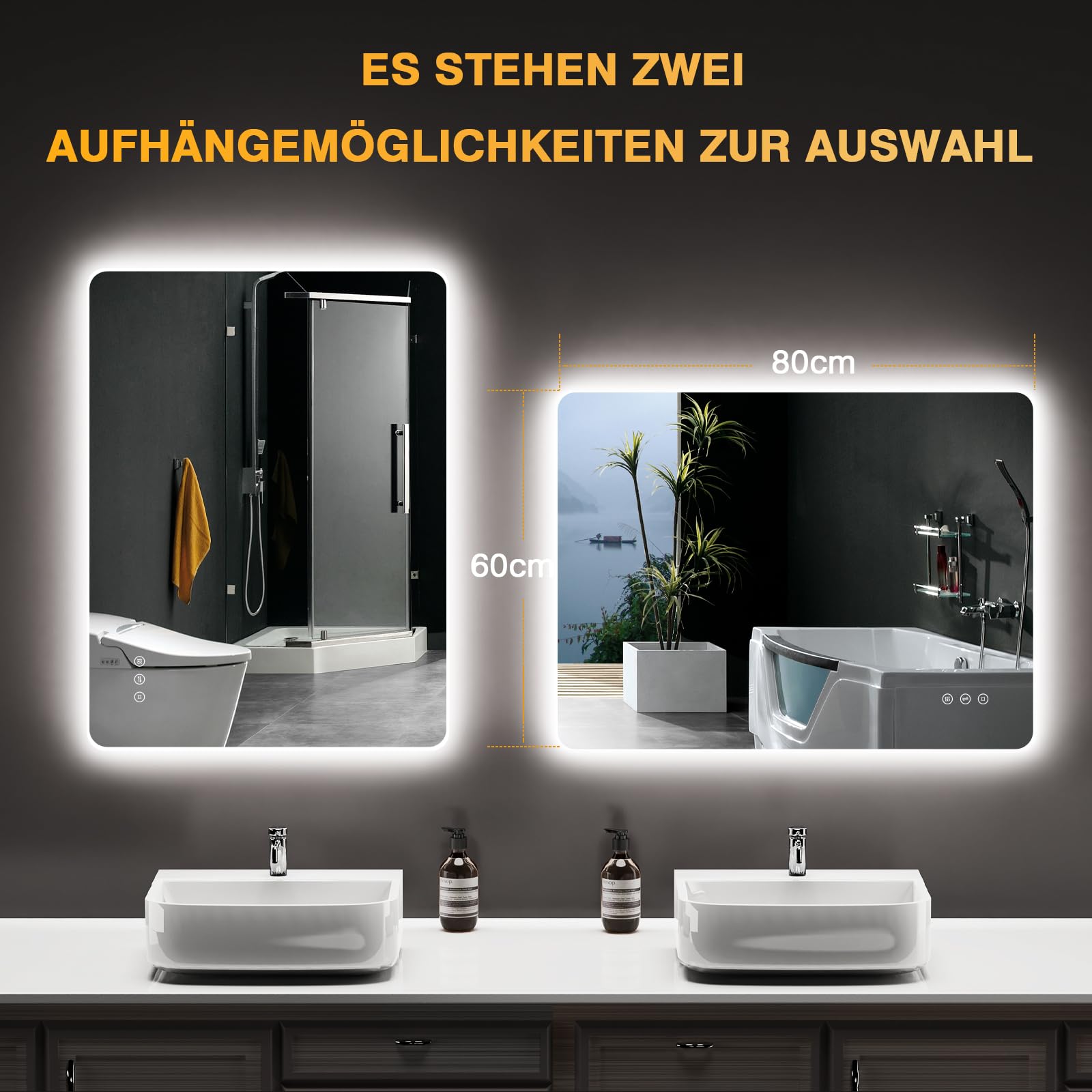 Badspiegel mit Beleuchtung 80x60cm, Led Spiegel Bad mit Antibeschlag, 3 Lichtfarben, Dimmbar, Speicherfunktion, Touch-Schalter, IP44 Wasserdicht, LED Badezimmerspiegel
