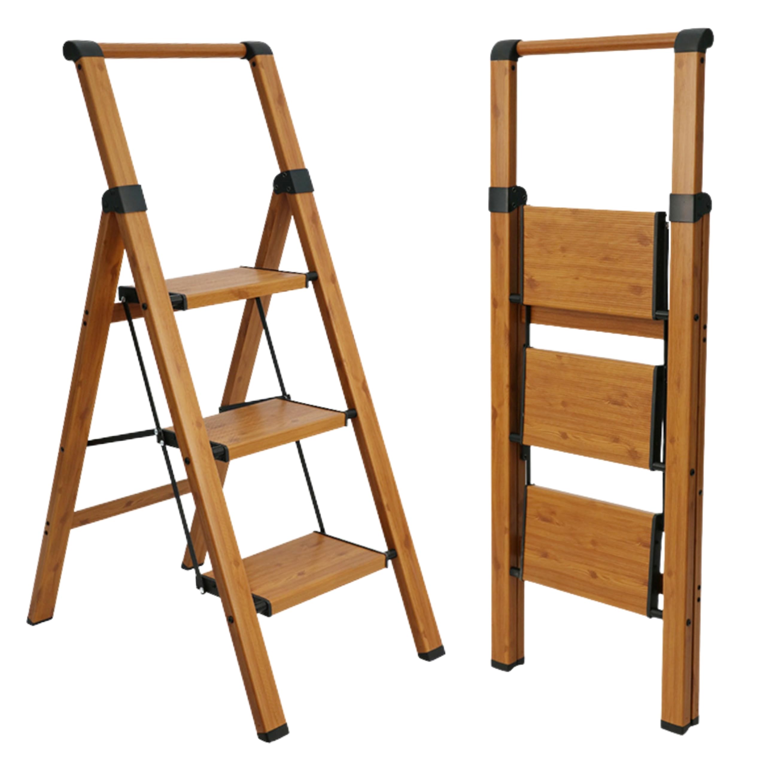 Escalera Plegable de Aluminio Efecto Madera para hogar y Cocina, 3 peldaños, peldaños Anchos Antideslizantes, EN 131 - 1