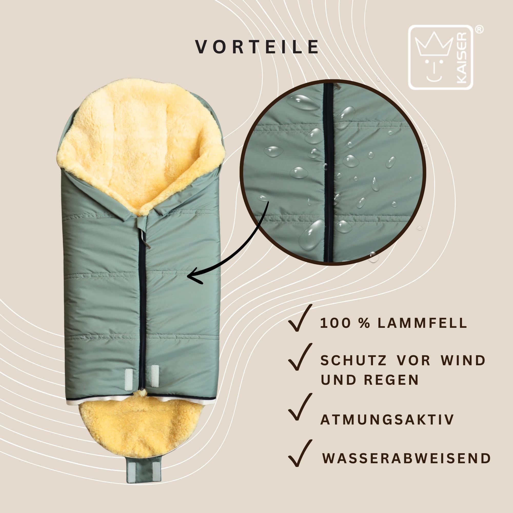 IGLU 2.0 Lammfell Fußsack für Kinderwagen, 98 x 45 cm, Wind- und Wasserabweisend, Waschbar bei 30°(salbei green)