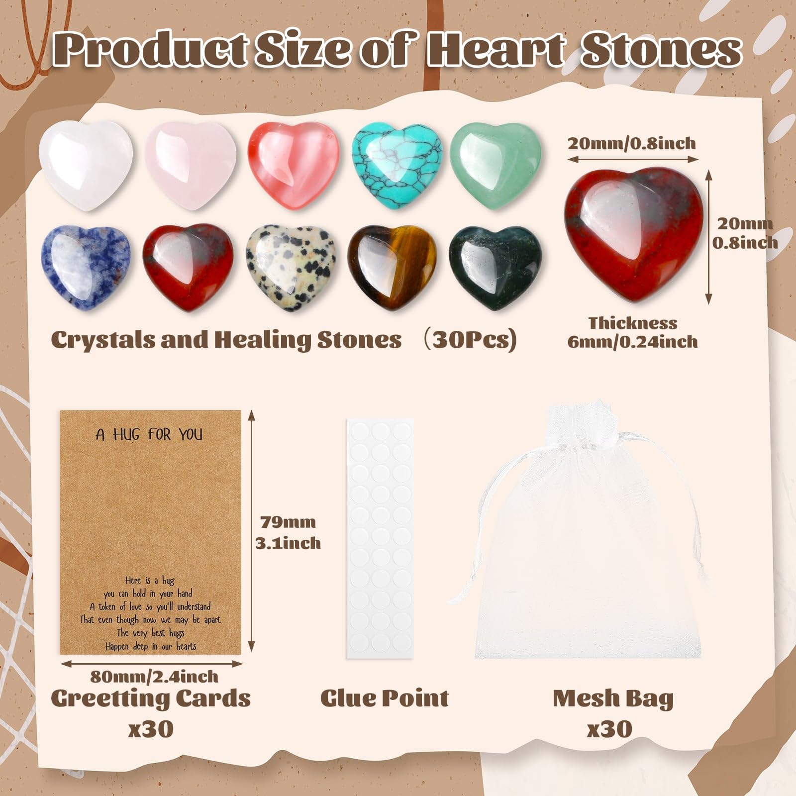 30 Pcs Heart Crystals and Healing Stones Bulk, 0.8" Polished Natural Heart Shaped Rocks Gemstones with Hug Cards Set for Meditation Balancing Chakra Reiki Valentines Mother's Day Gifts