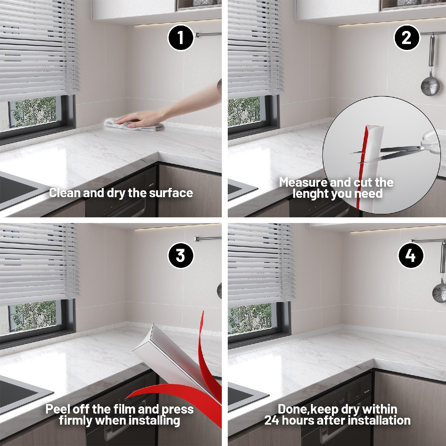Zayejod 3 Mètres Silicone Profil Finition Plan de Travail Joint de Finition Plan de Travail Adhésif Moulure Angle Plinthe, Bande d'étanchéité Pour Cuisine, Salle de Bain, Carrelage(Noir,13x13mm) - 4